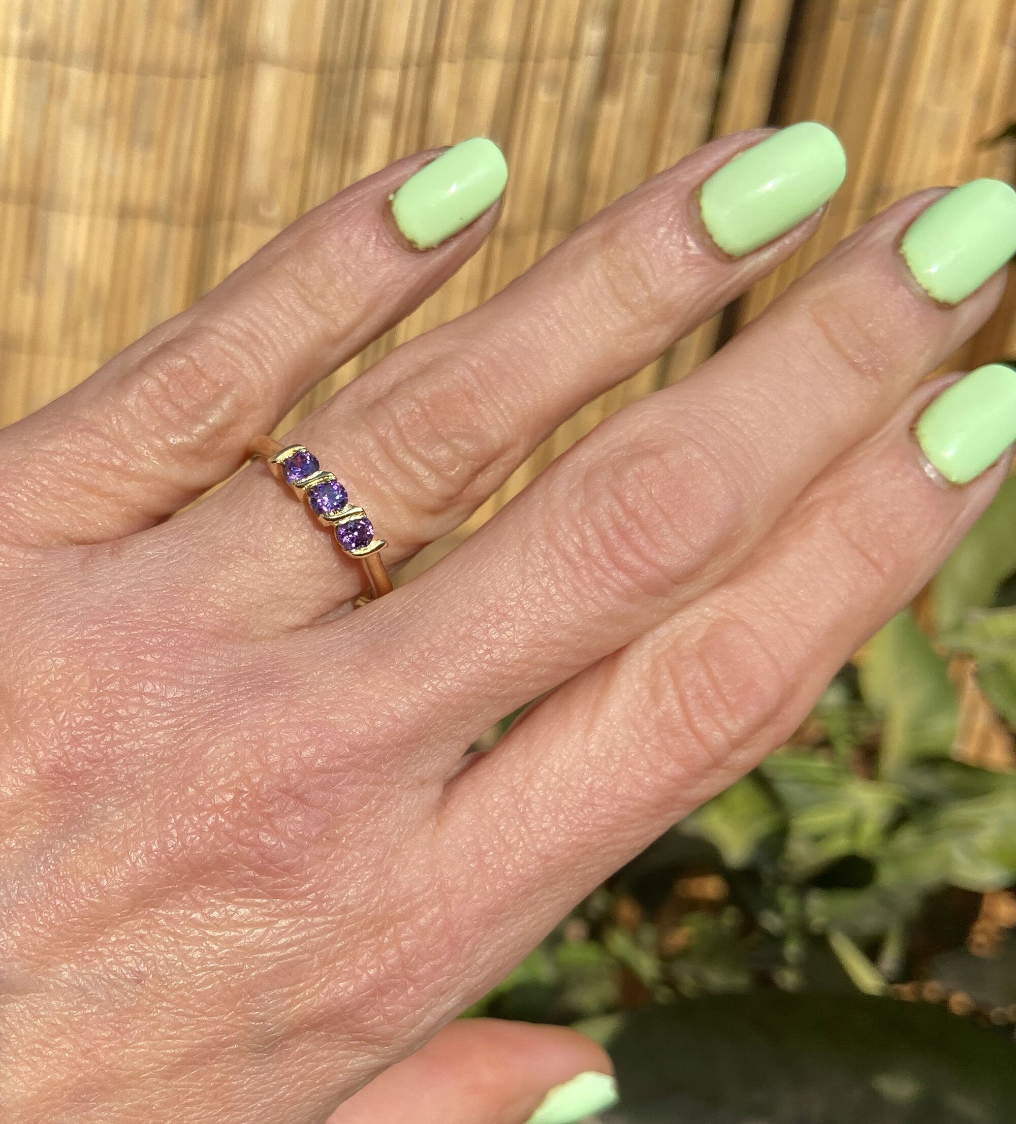 Amethyst Ring - February Birthstone - Stacking Ring with Three Round Purple Amethyst Gemstones - H.L.Jewelry