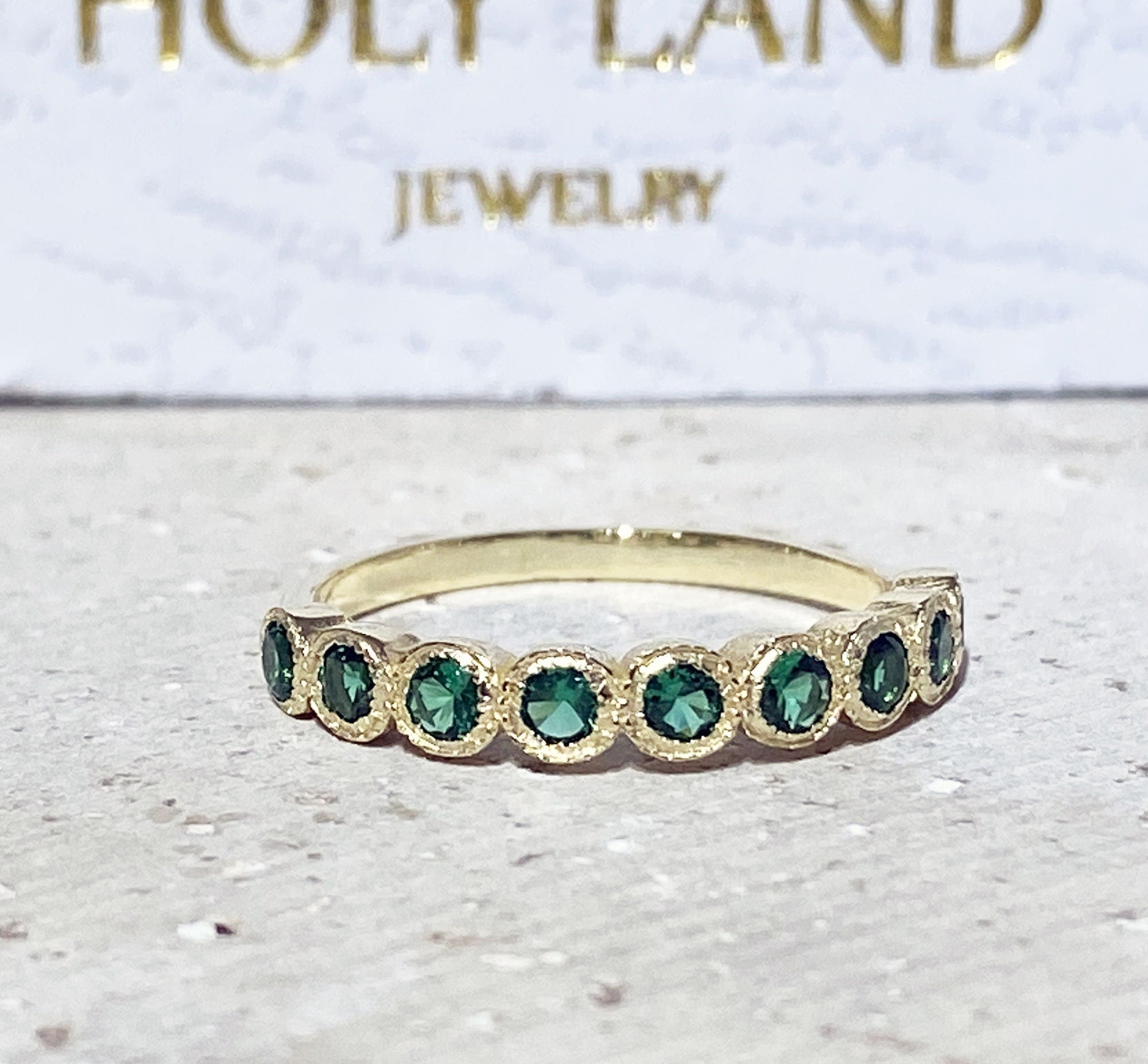 Emerald Ring - May Birthstone Jewelry - Stacking Half Eternity Ring with Nine Round Emeralds - H.L.Jewelry