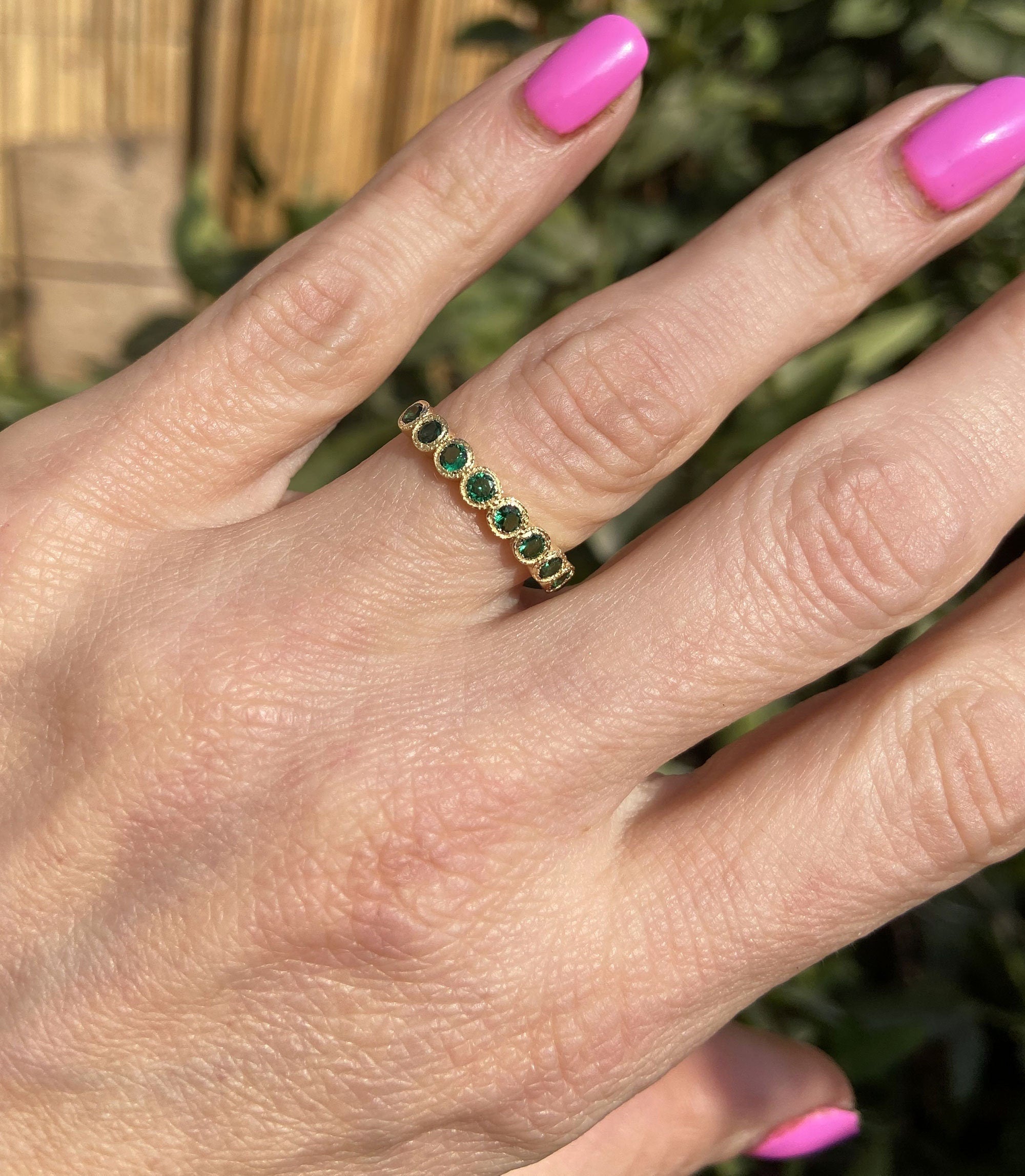 Emerald Ring - May Birthstone Jewelry - Stacking Half Eternity Ring with Nine Round Emeralds - H.L.Jewelry