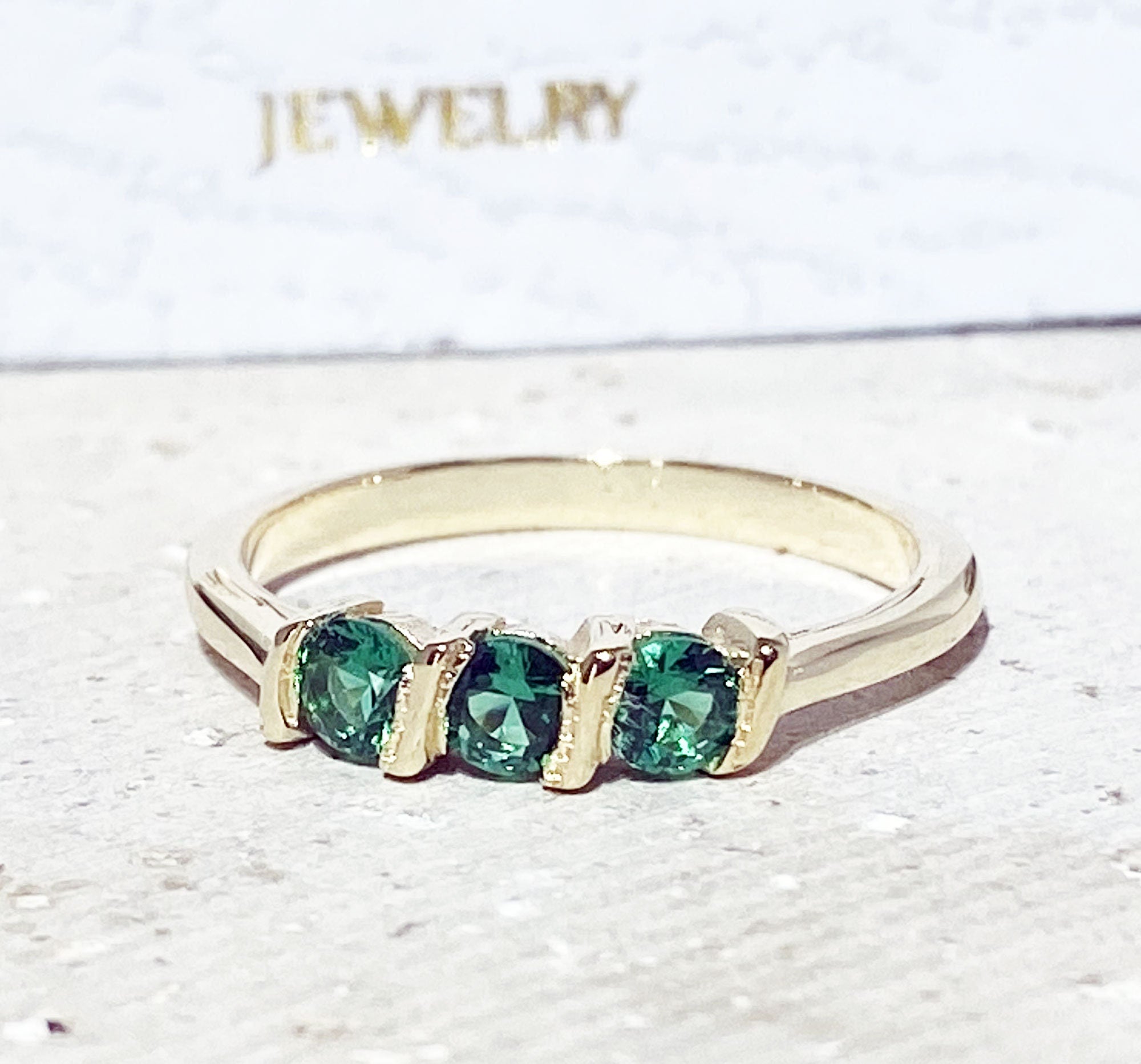 Emerald Ring - May Birthstone - Stacking Ring with Three Round Emerald Gemstones - H.L.Jewelry