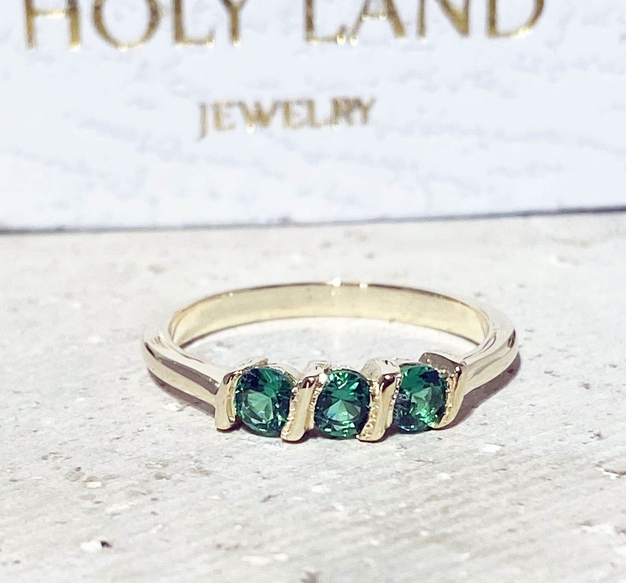 Emerald Ring - May Birthstone - Stacking Ring with Three Round Emerald Gemstones - H.L.Jewelry