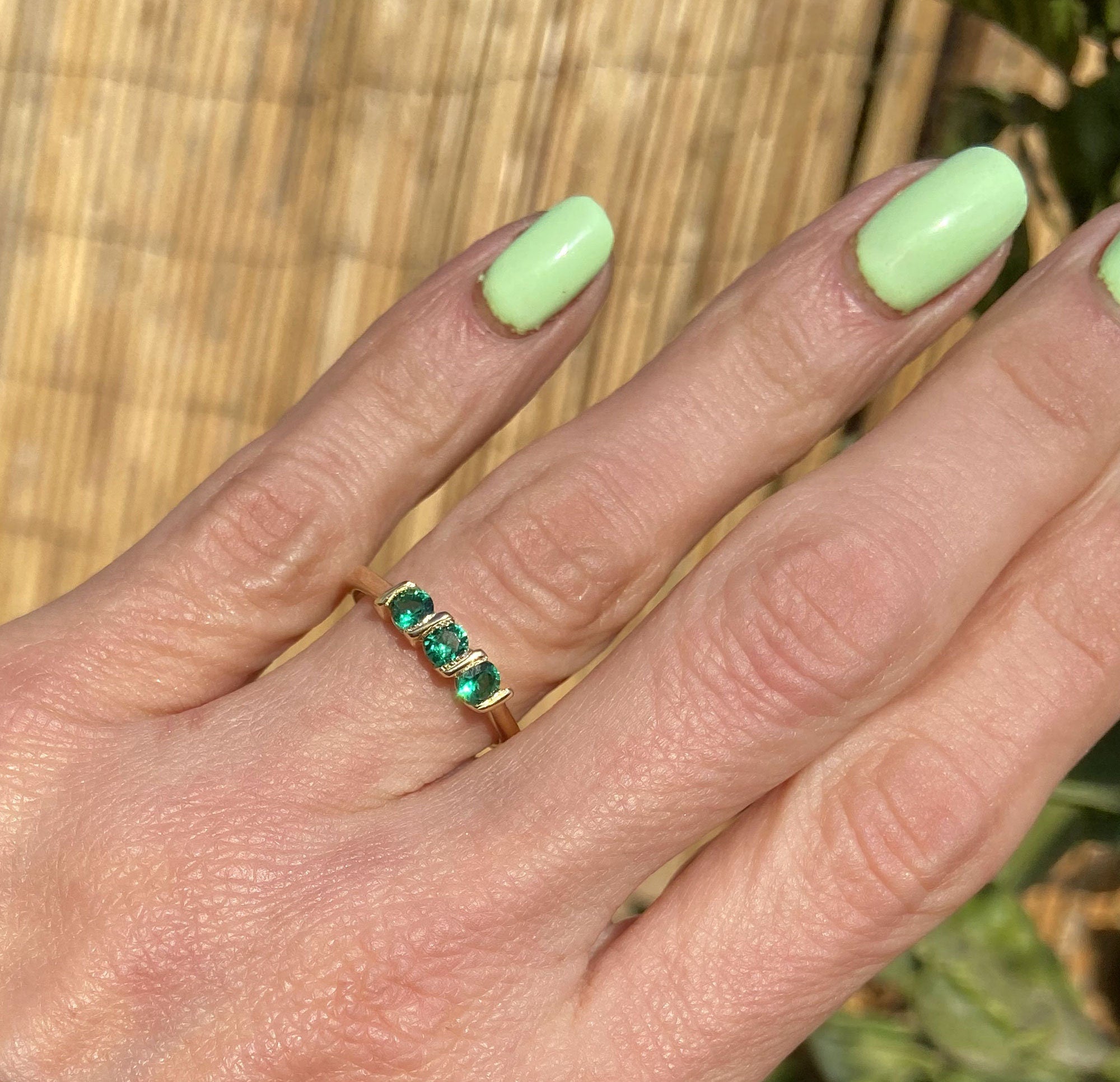 Emerald Ring - May Birthstone - Stacking Ring with Three Round Emerald Gemstones - H.L.Jewelry