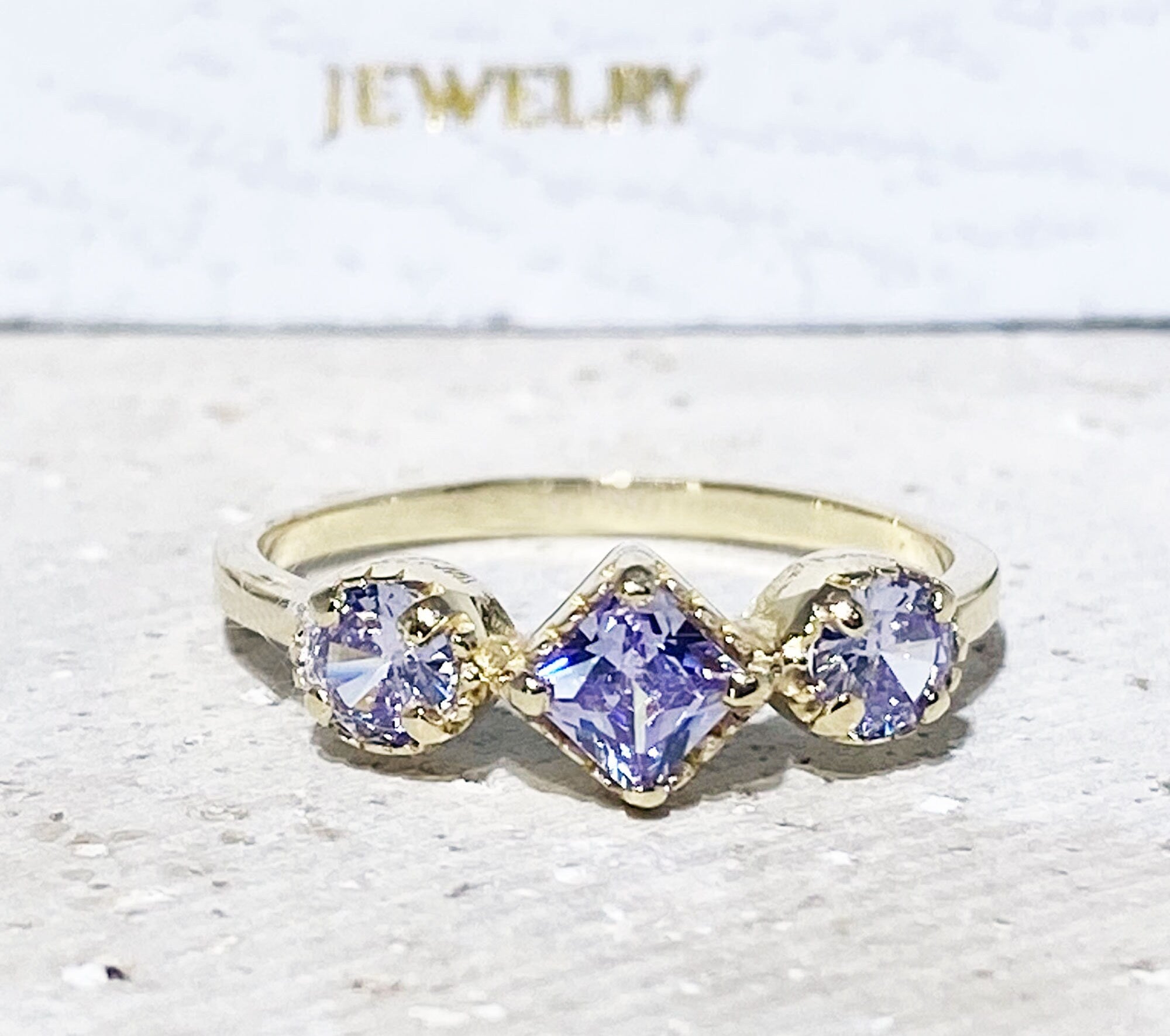 Lavender Amethyst Ring - Three Stone Ring  - Ring with Square Lavender Amethyst Center Stone and Side Accents - H.L.Jewelry