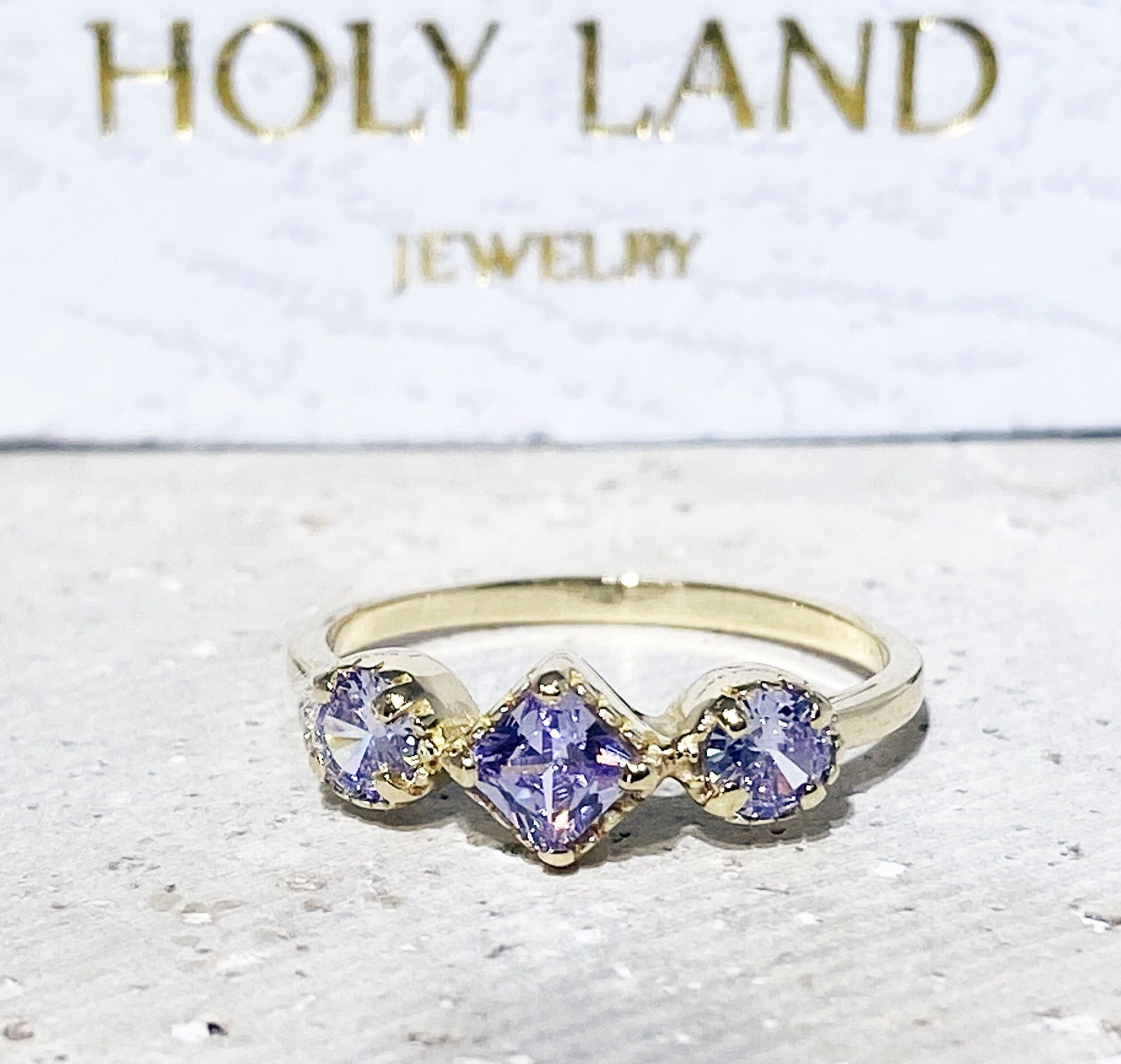 Lavender Amethyst Ring - Three Stone Ring  - Ring with Square Lavender Amethyst Center Stone and Side Accents - H.L.Jewelry