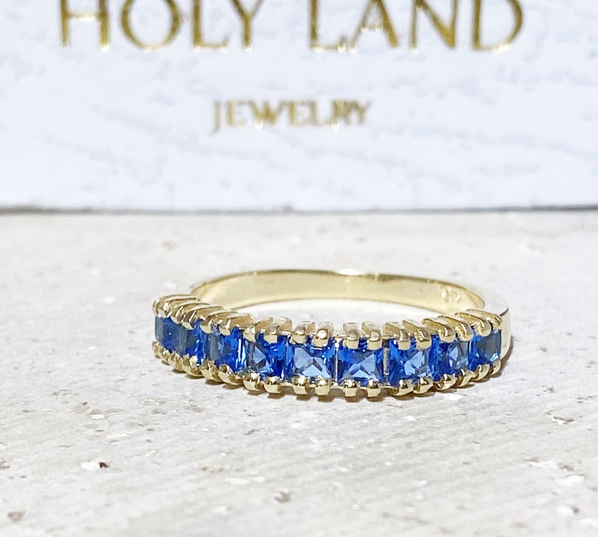 Blue Topaz Ring - December Birthstone - Stacking Ring with Nine Square Blue Topaz Gemstones - H.L.Jewelry