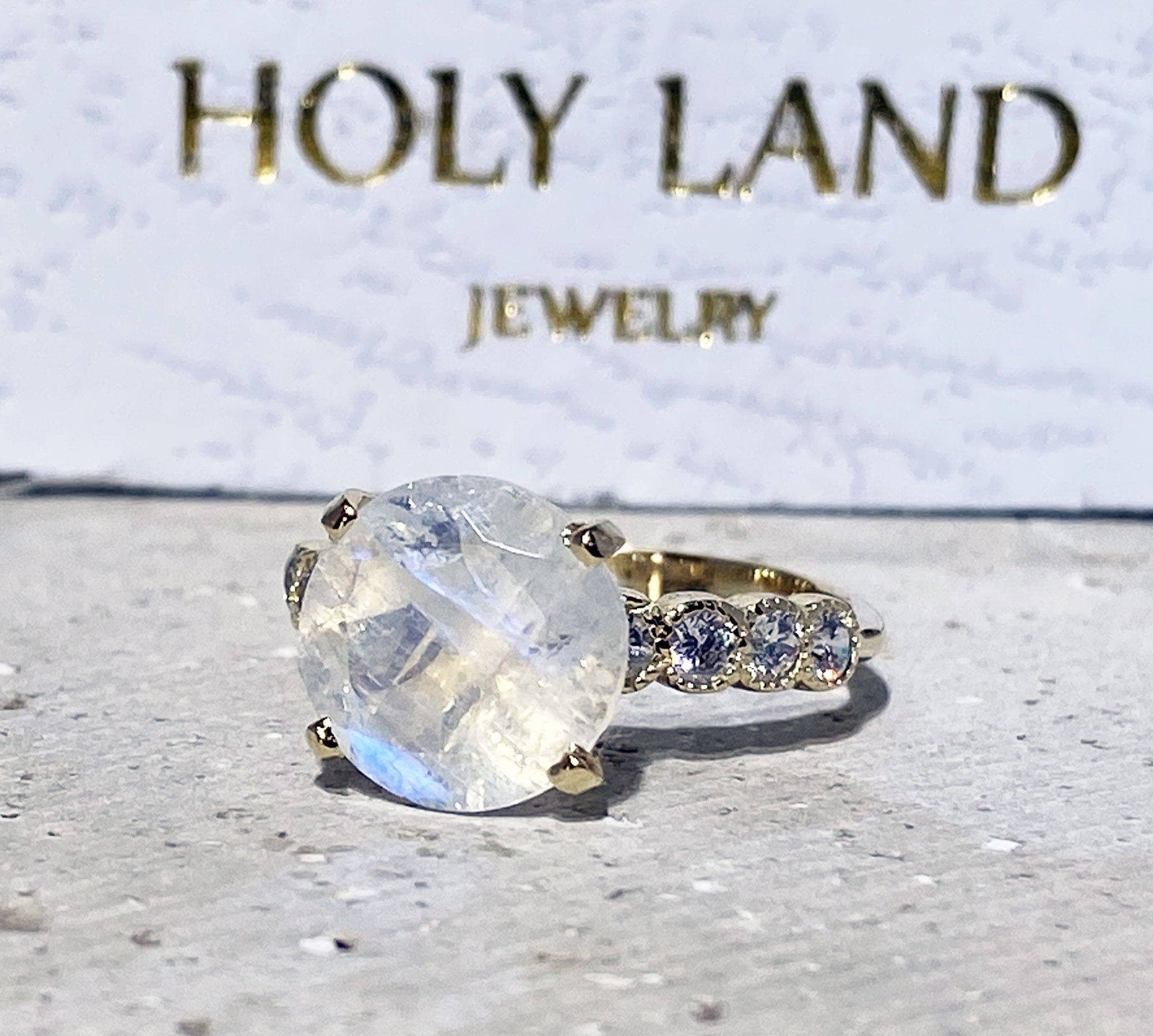 Rainbow Moonstone Ring - June Birthstone - Round Rainbow Moonstone Statement Engagement Ring with Clear Quartz Accents - H.L.Jewelry