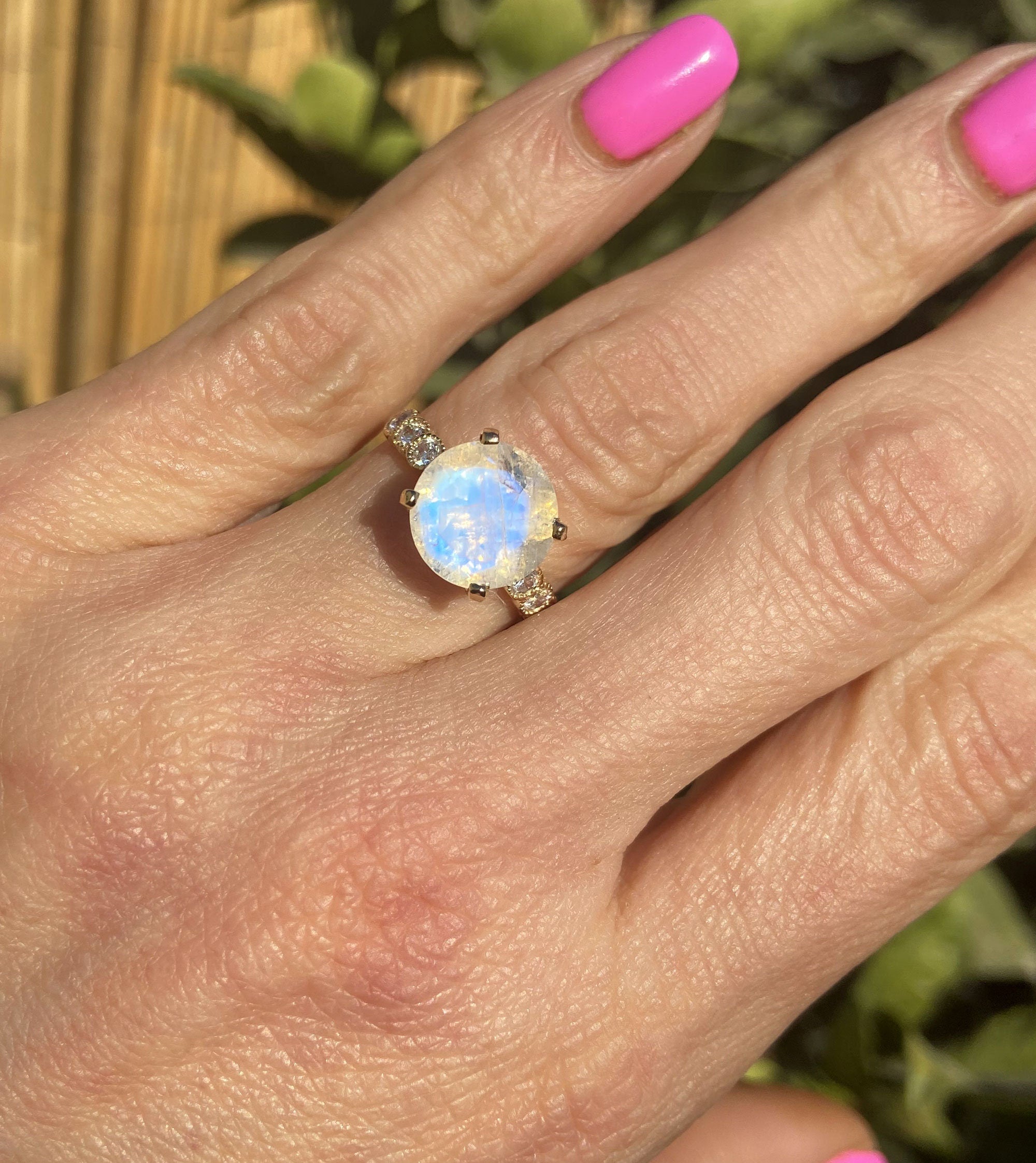 Rainbow Moonstone Ring - June Birthstone - Round Rainbow Moonstone Statement Engagement Ring with Clear Quartz Accents - H.L.Jewelry