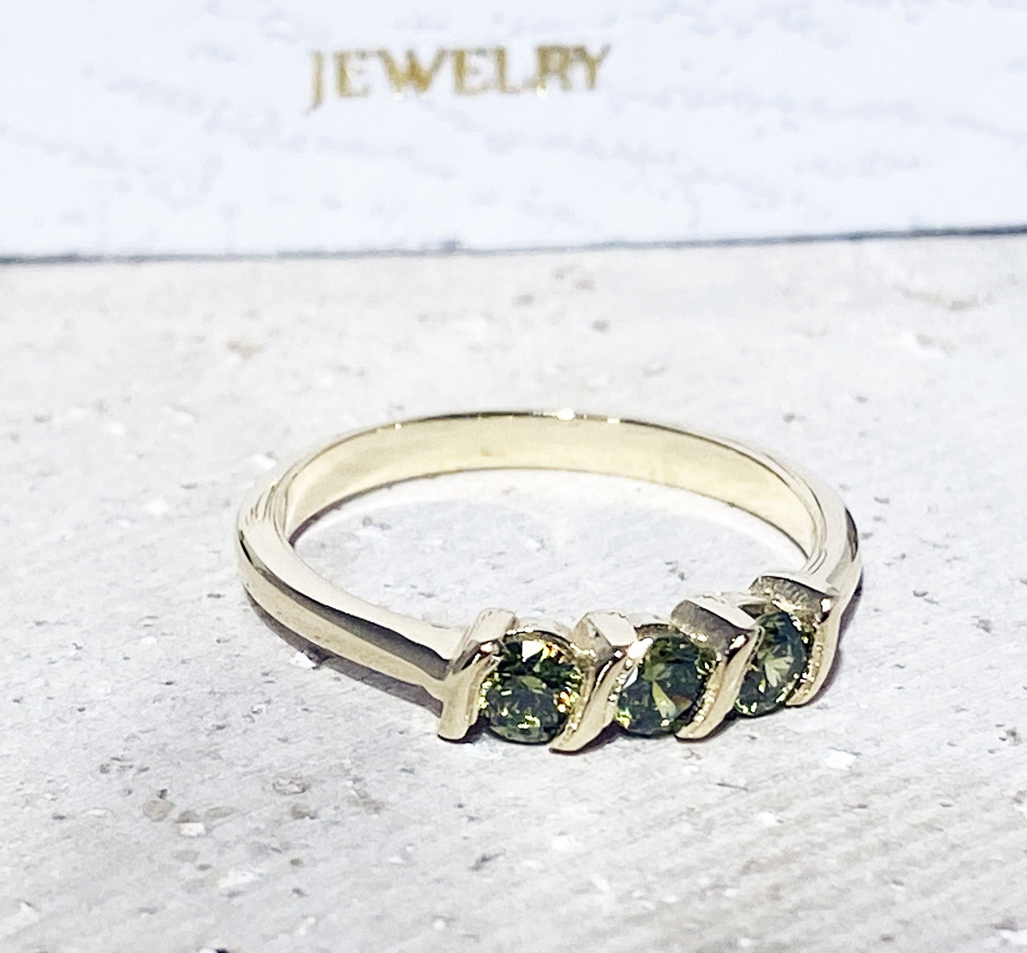 Peridot Ring - August Birthstone - Stacking Ring with Three Round Peridot Gemstones - H.L.Jewelry