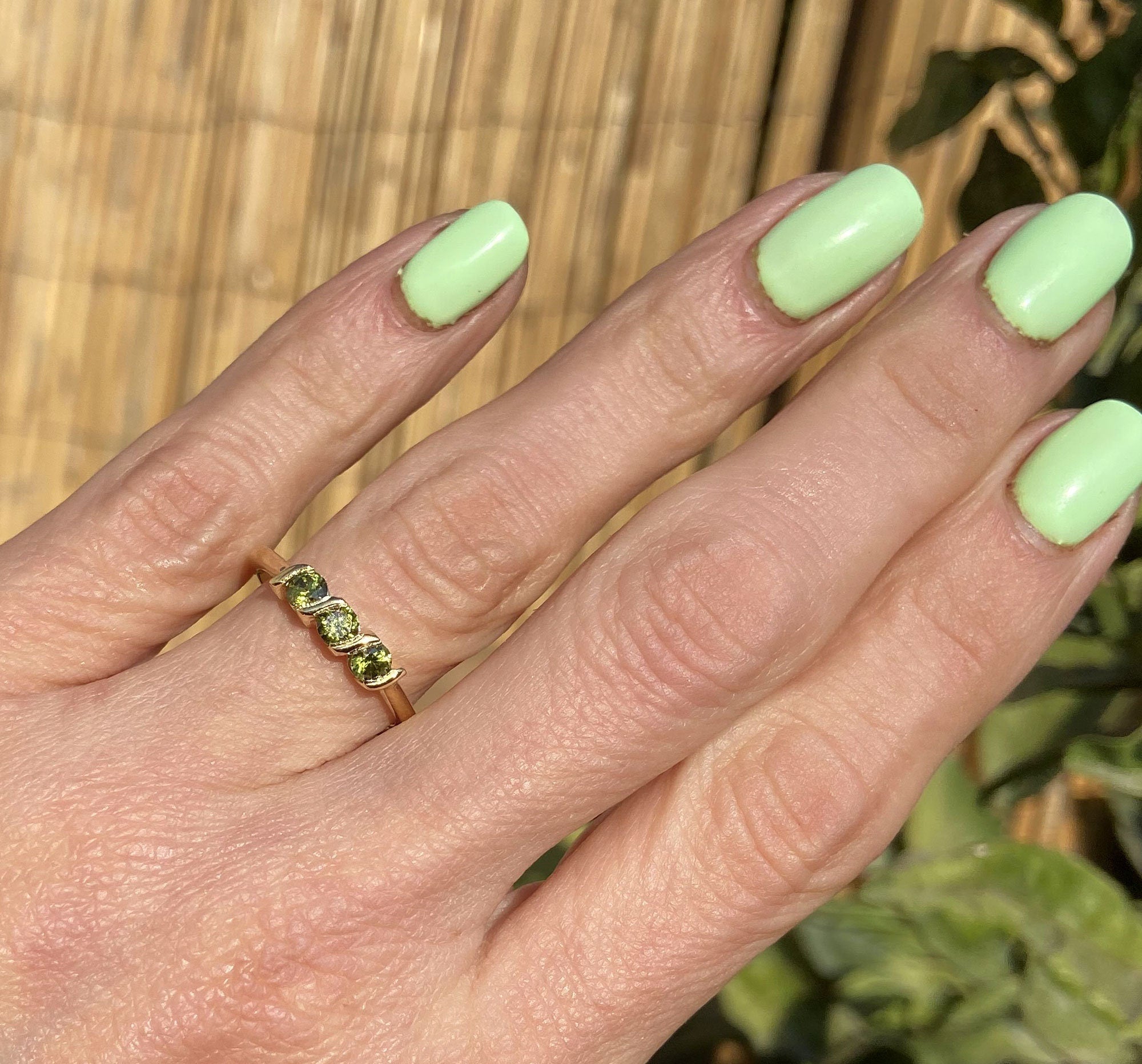 Peridot Ring - August Birthstone - Stacking Ring with Three Round Peridot Gemstones - H.L.Jewelry