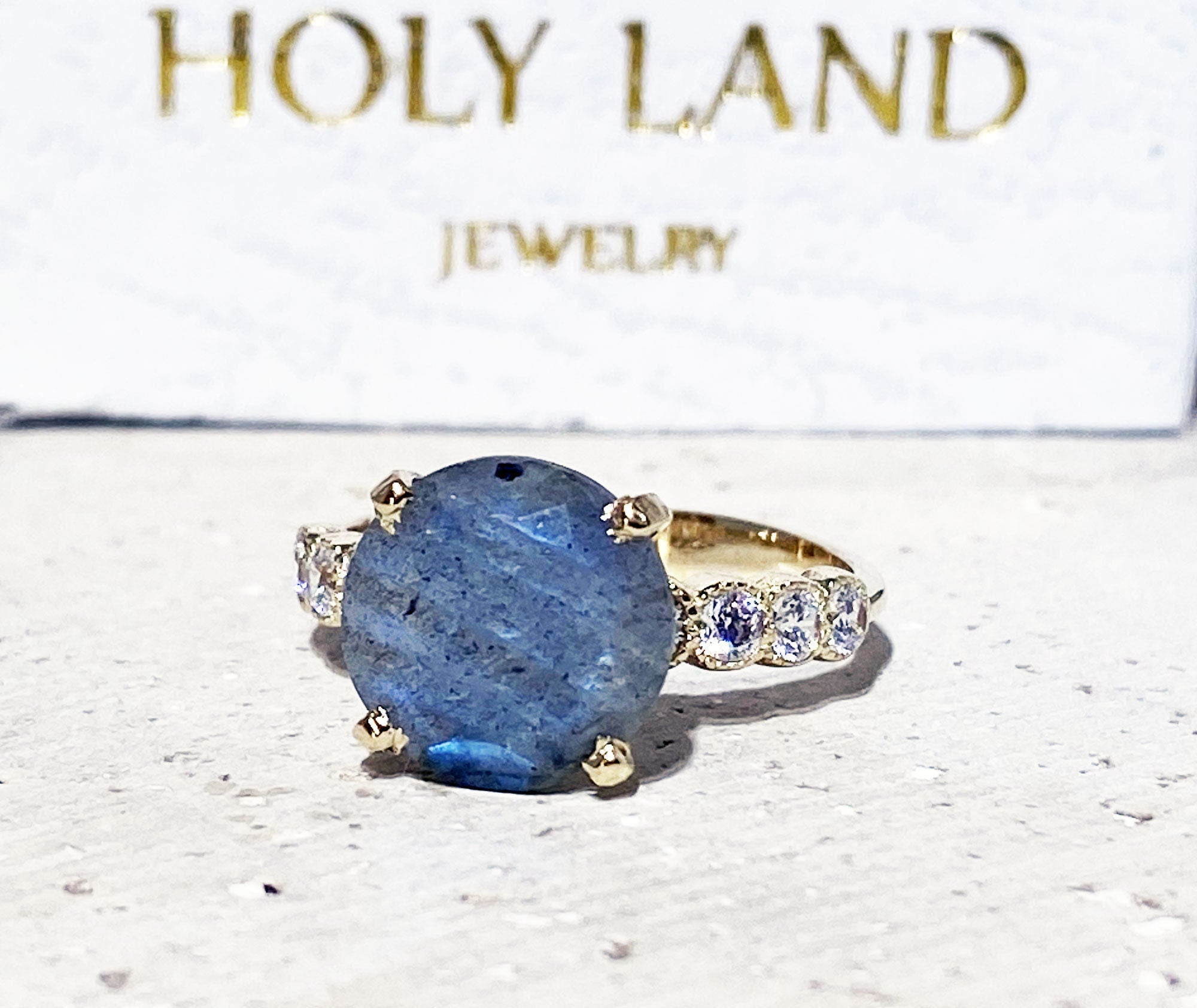 Labradorite Ring - Statement Engagement Ring with Round Labradorite Gemstone and Clear Quartz Accents - H.L.Jewelry