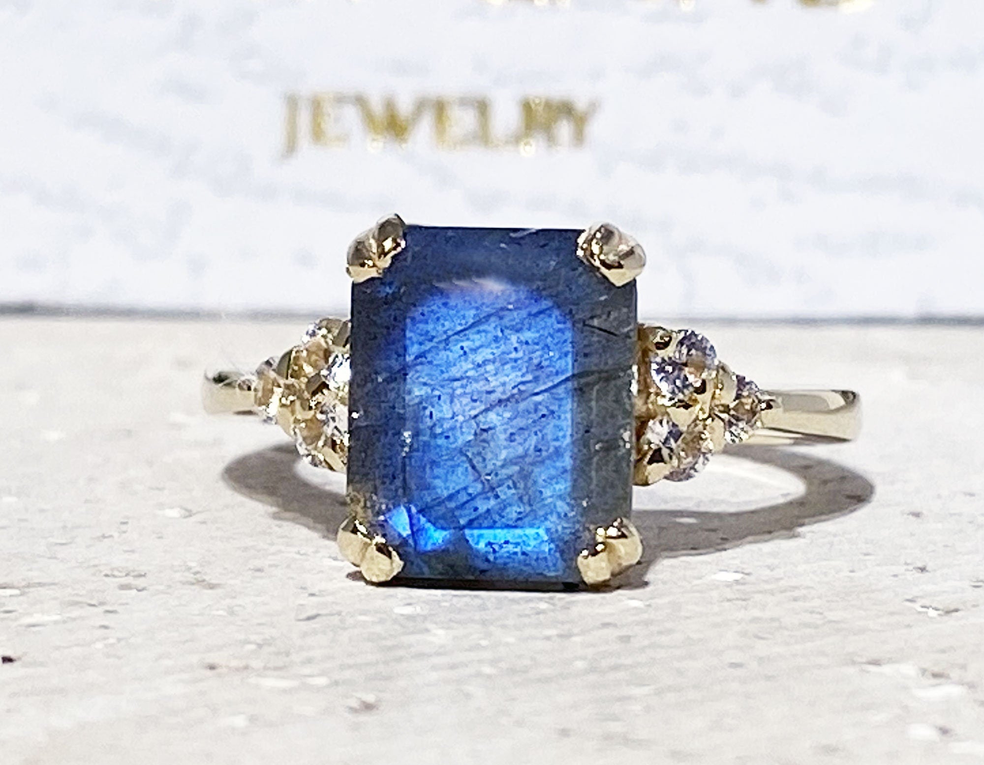 Labradorite Ring - Octagon Labradorite Gemstone Statement Engagement Ring with Clear Quartz Accents - H.L.Jewelry