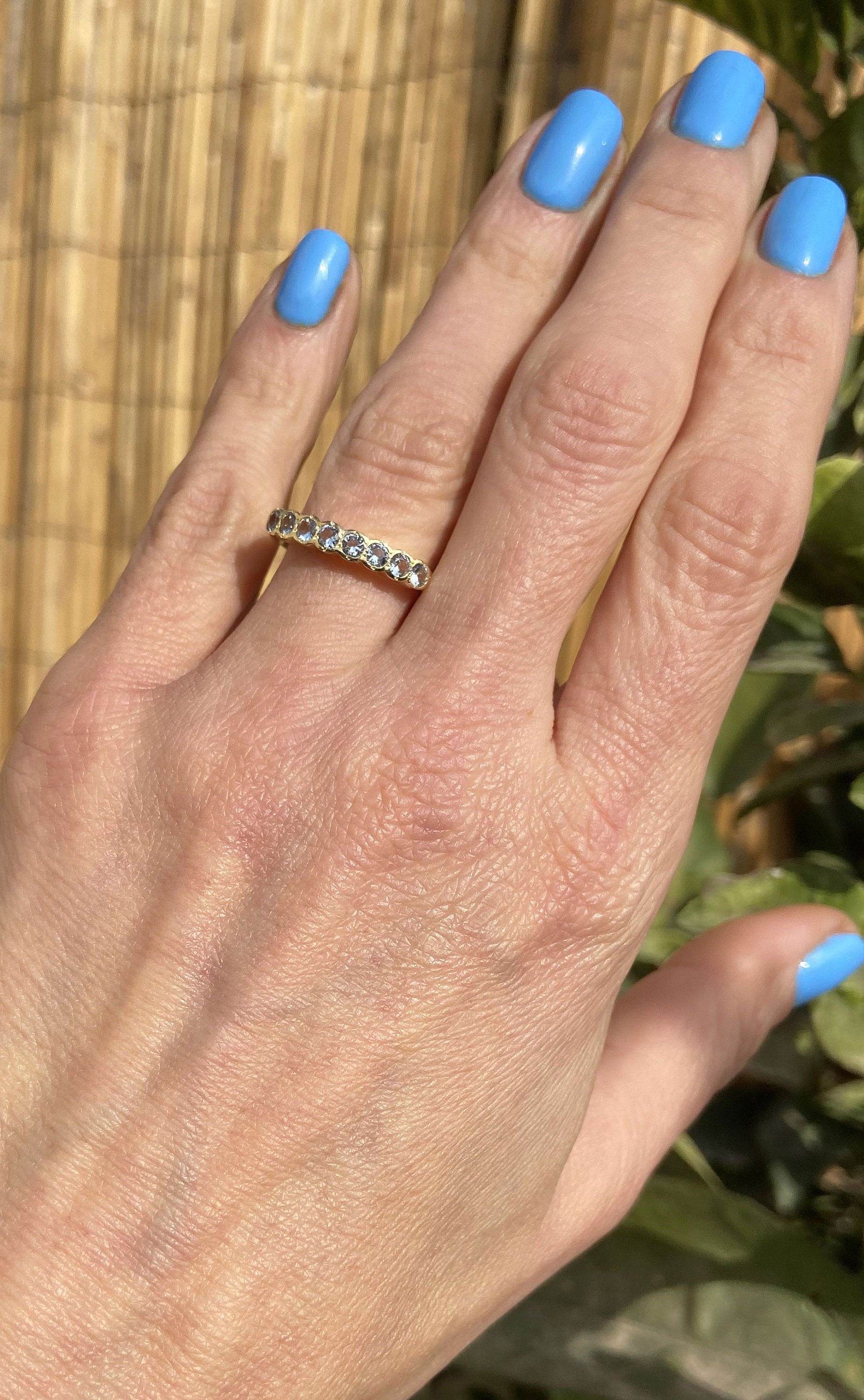 Aquamarine Ring - March Birthstone - Stacking Ring with Eight Round Aquamarine Gemstones - H.L.Jewelry