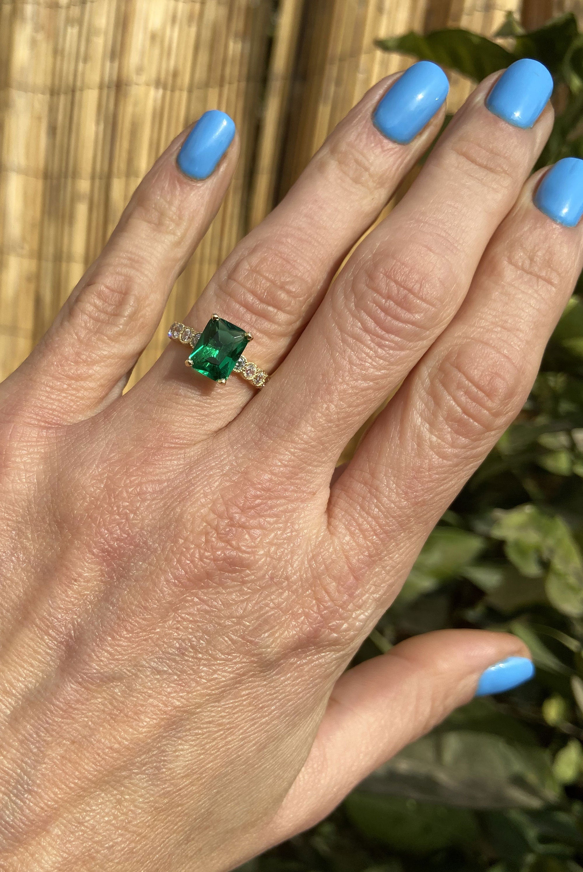 Emerald Ring - May Birthstone - Octagon Emerald Gemstone Statement Engagement Ring with Clear Quartz Accents - H.L.Jewelry