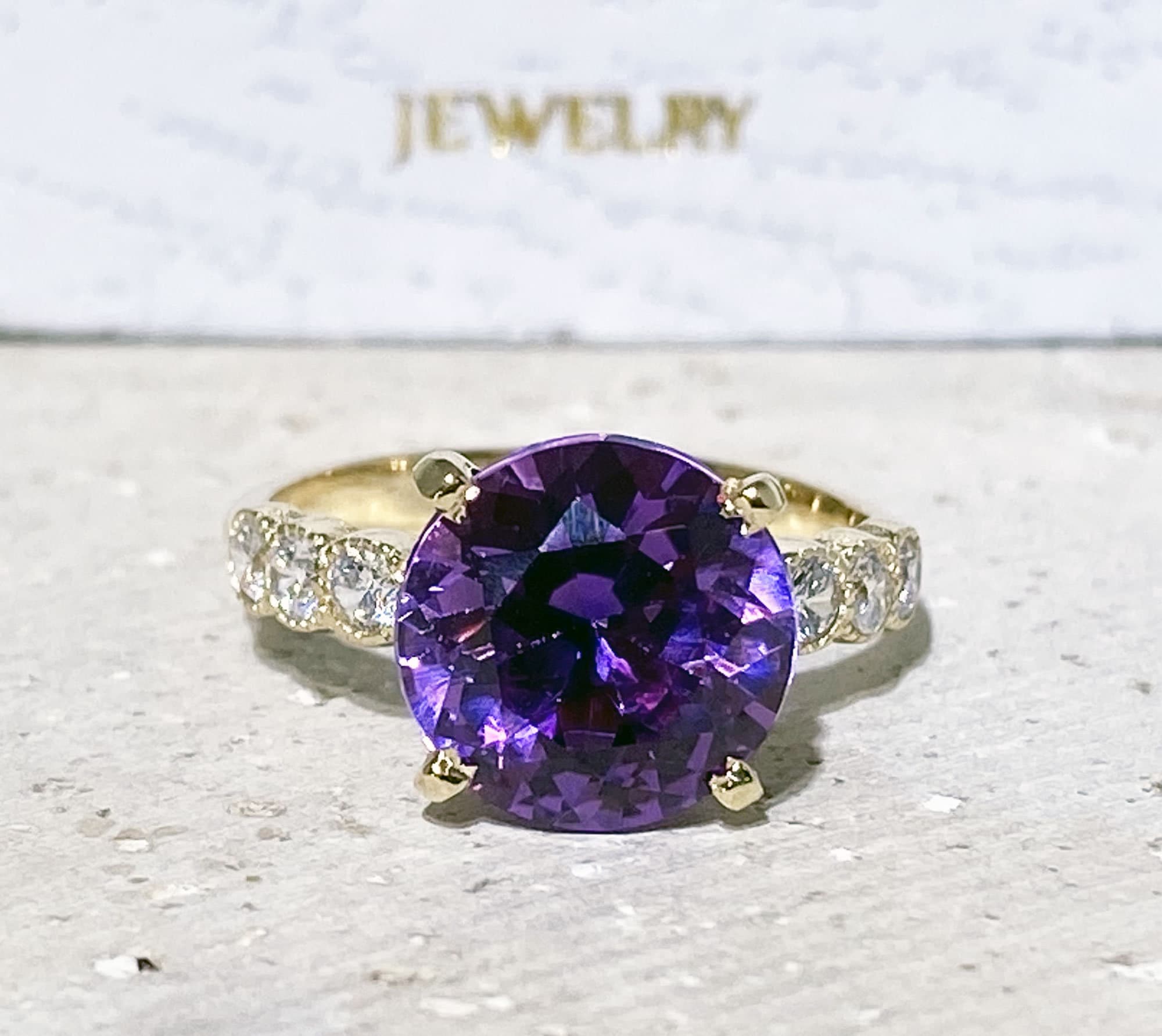 Purple Amethyst Ring - February Birthstone - Round Purple Amethyst Gemstone Statement Engagement Ring with Clear Quartz Accents - H.L.Jewelry