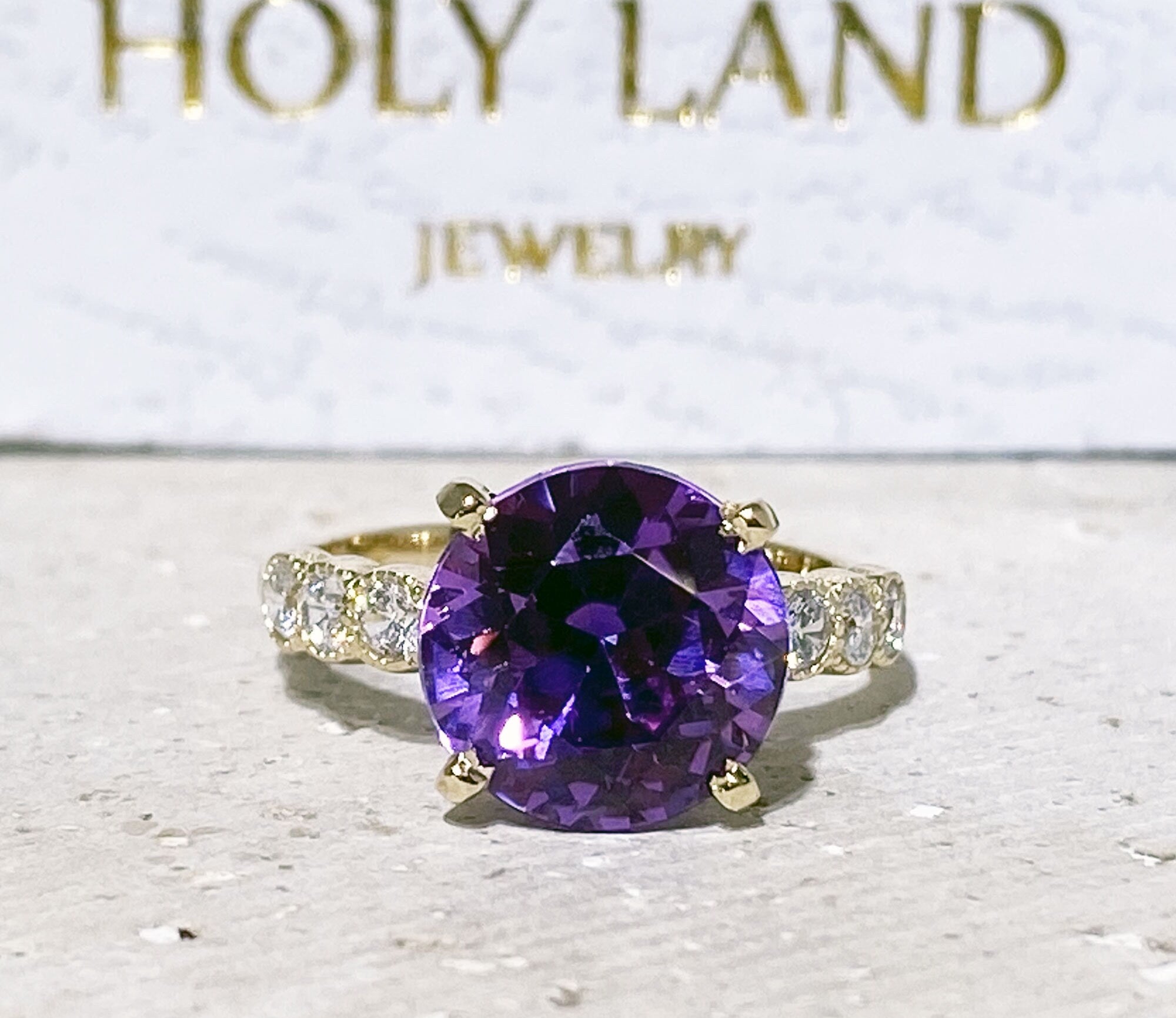 Purple Amethyst Ring - February Birthstone - Round Purple Amethyst Gemstone Statement Engagement Ring with Clear Quartz Accents - H.L.Jewelry