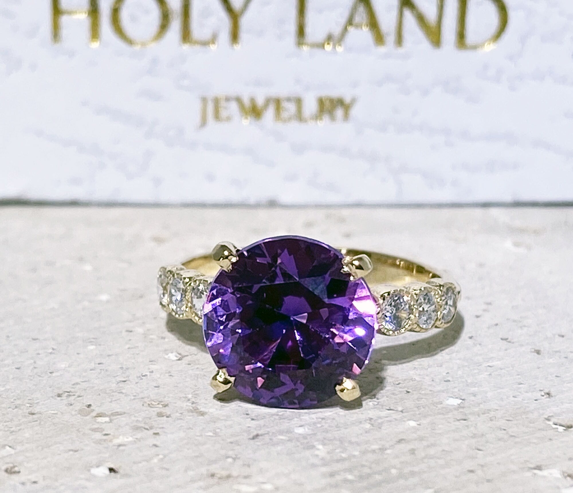 Purple Amethyst Ring - February Birthstone - Round Purple Amethyst Gemstone Statement Engagement Ring with Clear Quartz Accents - H.L.Jewelry