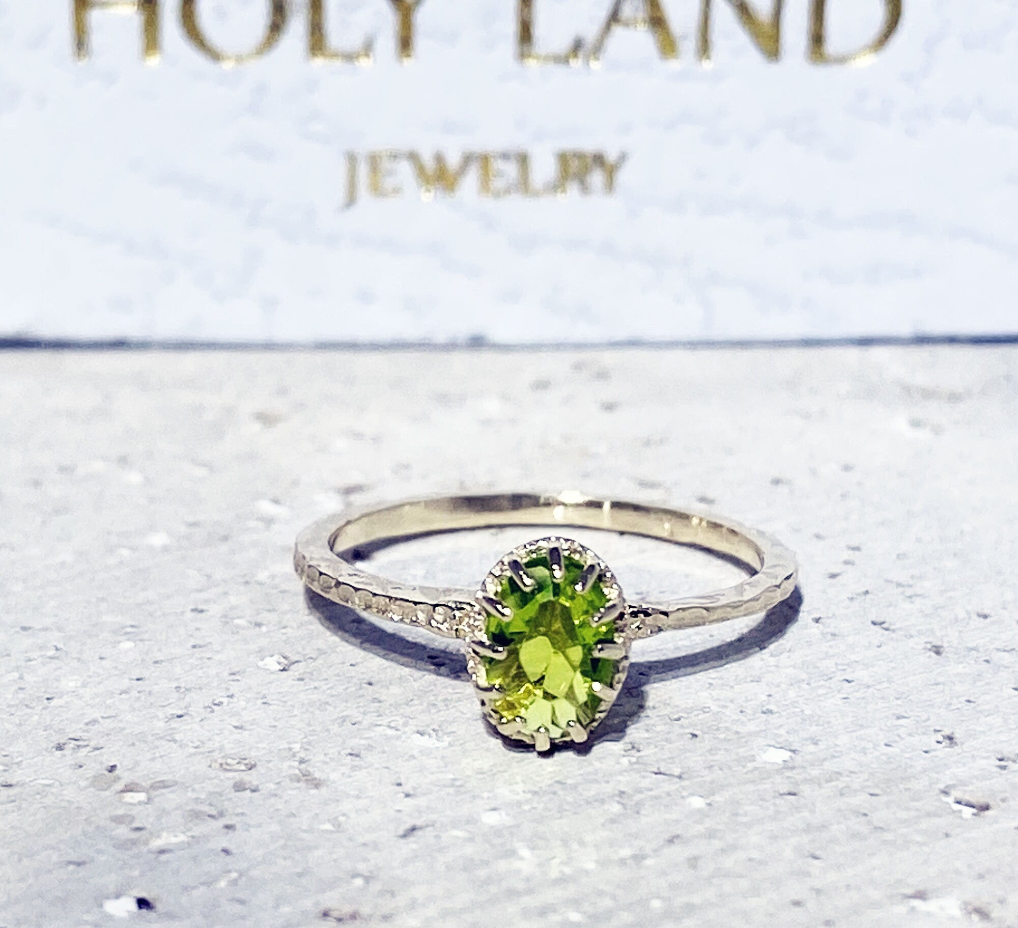 Peridot Ring - August Birthstone - Delicate Hammered Ring with Oval Peridot Gemstone - H.L.Jewelry