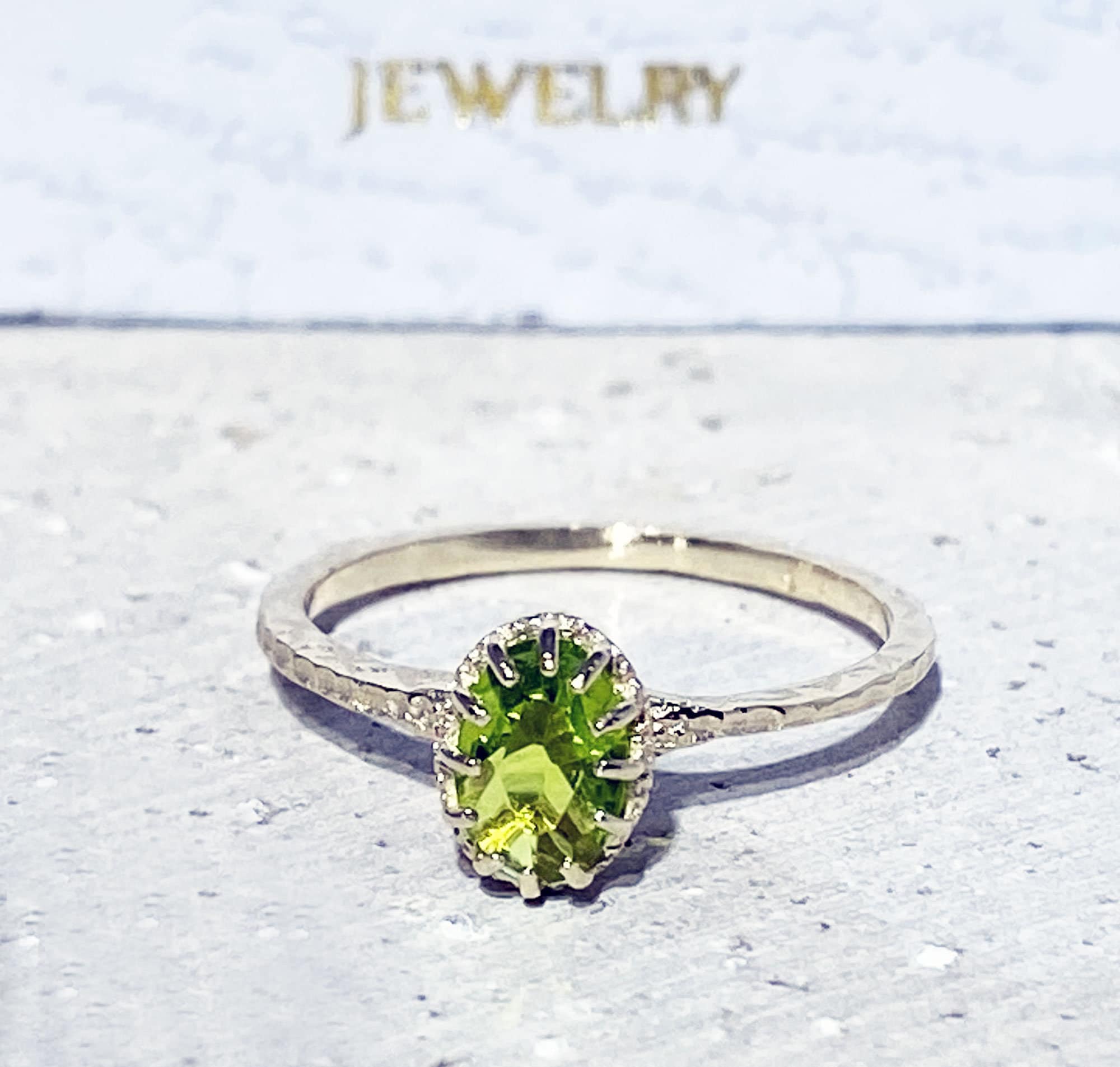 Peridot Ring - August Birthstone - Delicate Hammered Ring with Oval Peridot Gemstone - H.L.Jewelry