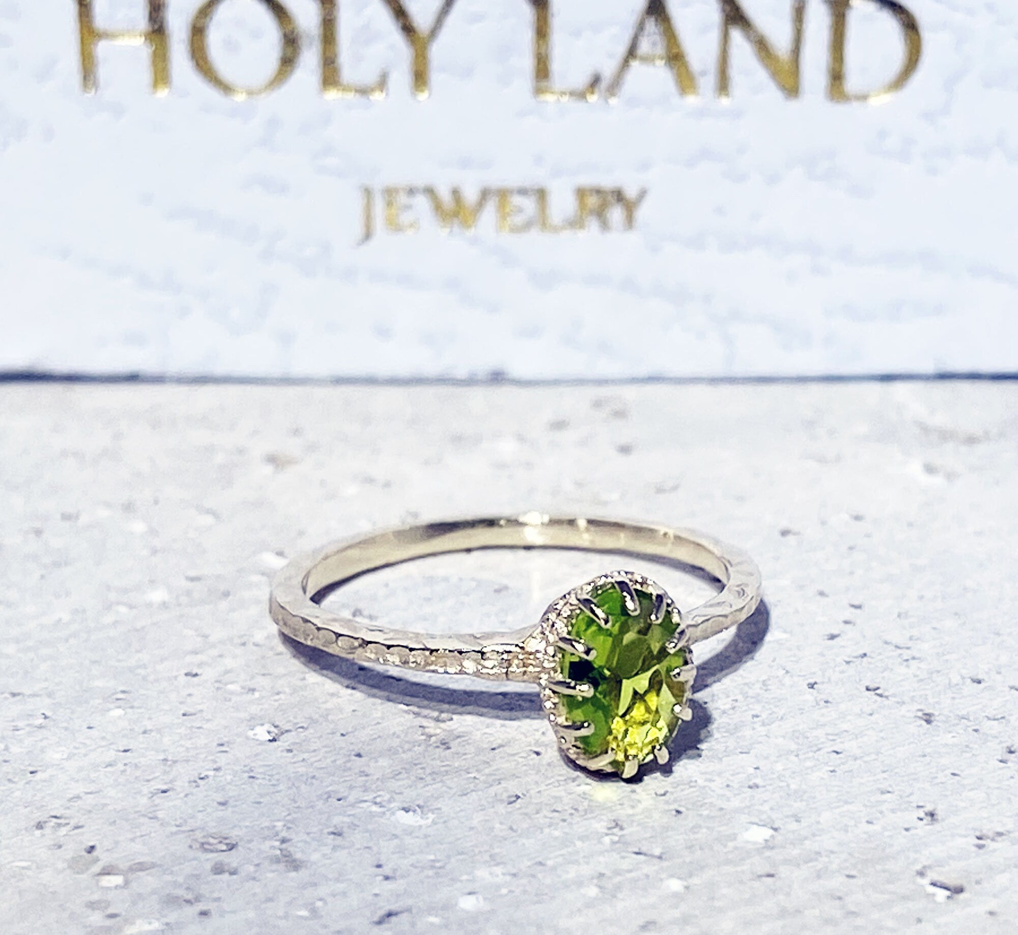 Peridot Ring - August Birthstone - Delicate Hammered Ring with Oval Peridot Gemstone - H.L.Jewelry