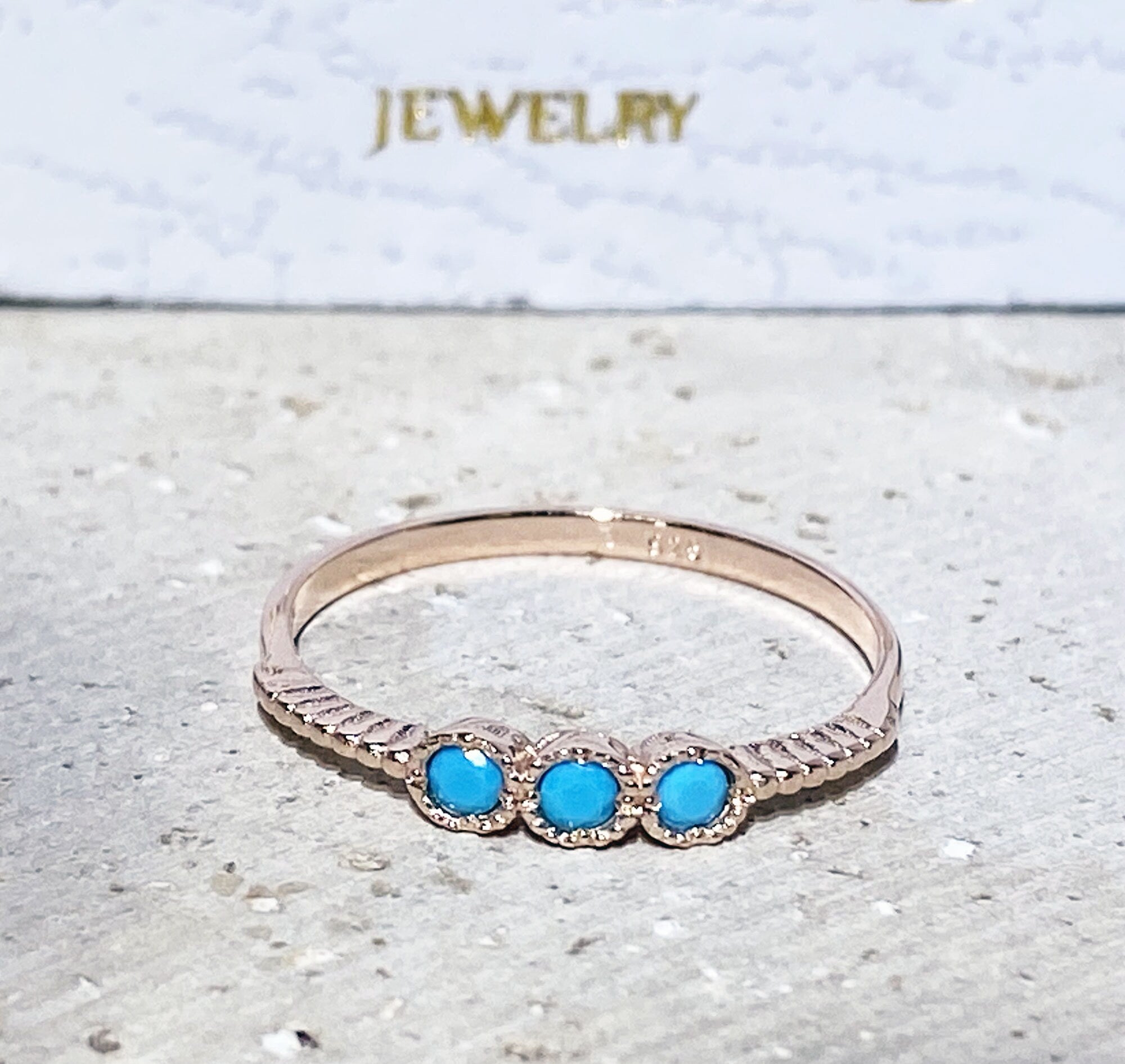 Blue Turquoise Ring - Sleeping Beauty Turquoise - December Birthstone - Three Round Blue Turquoise Gemstones Delicate Stacking Ring - H.L.Jewelry