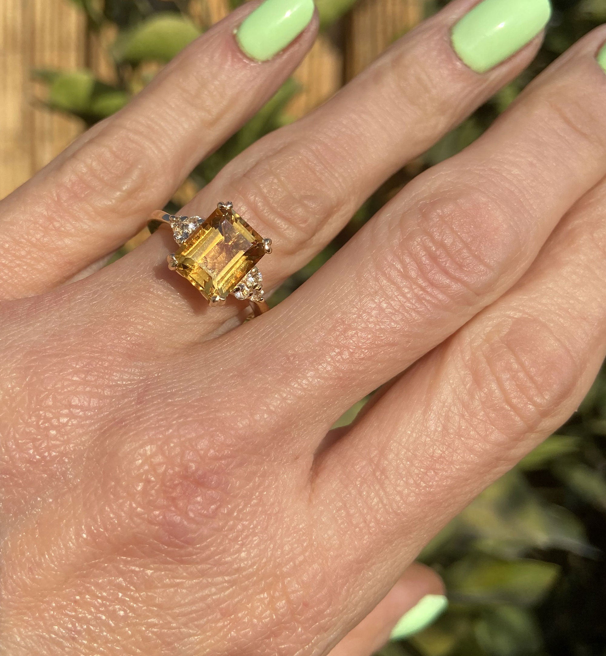 Citrine ring - November Birthstone - Octagon Citrine Gemstone Statement Engagement Ring with Clear Quartz Accents - H.L.Jewelry