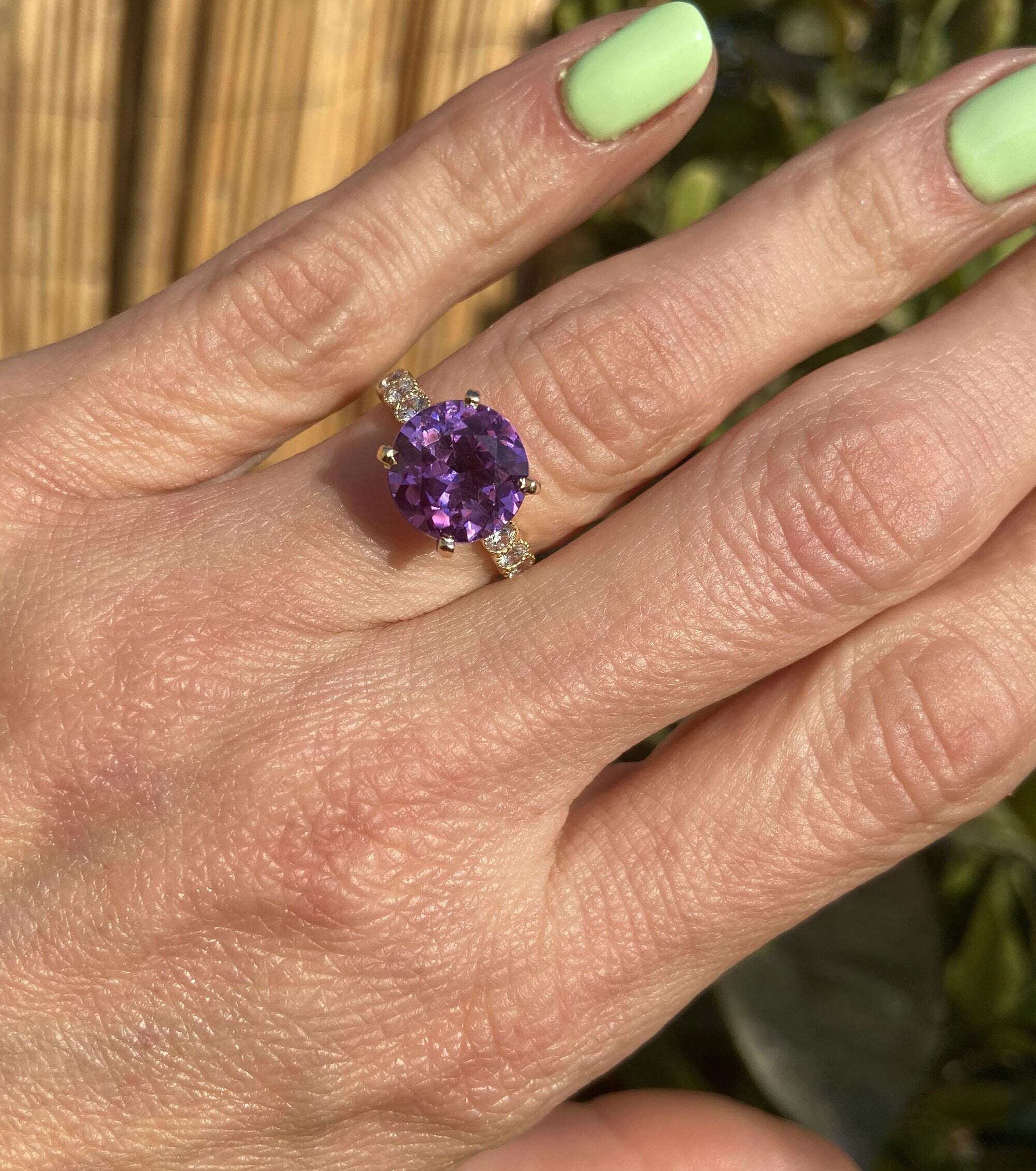 Purple Amethyst Ring - February Birthstone - Round Purple Amethyst Gemstone Statement Engagement Ring with Clear Quartz Accents - H.L.Jewelry