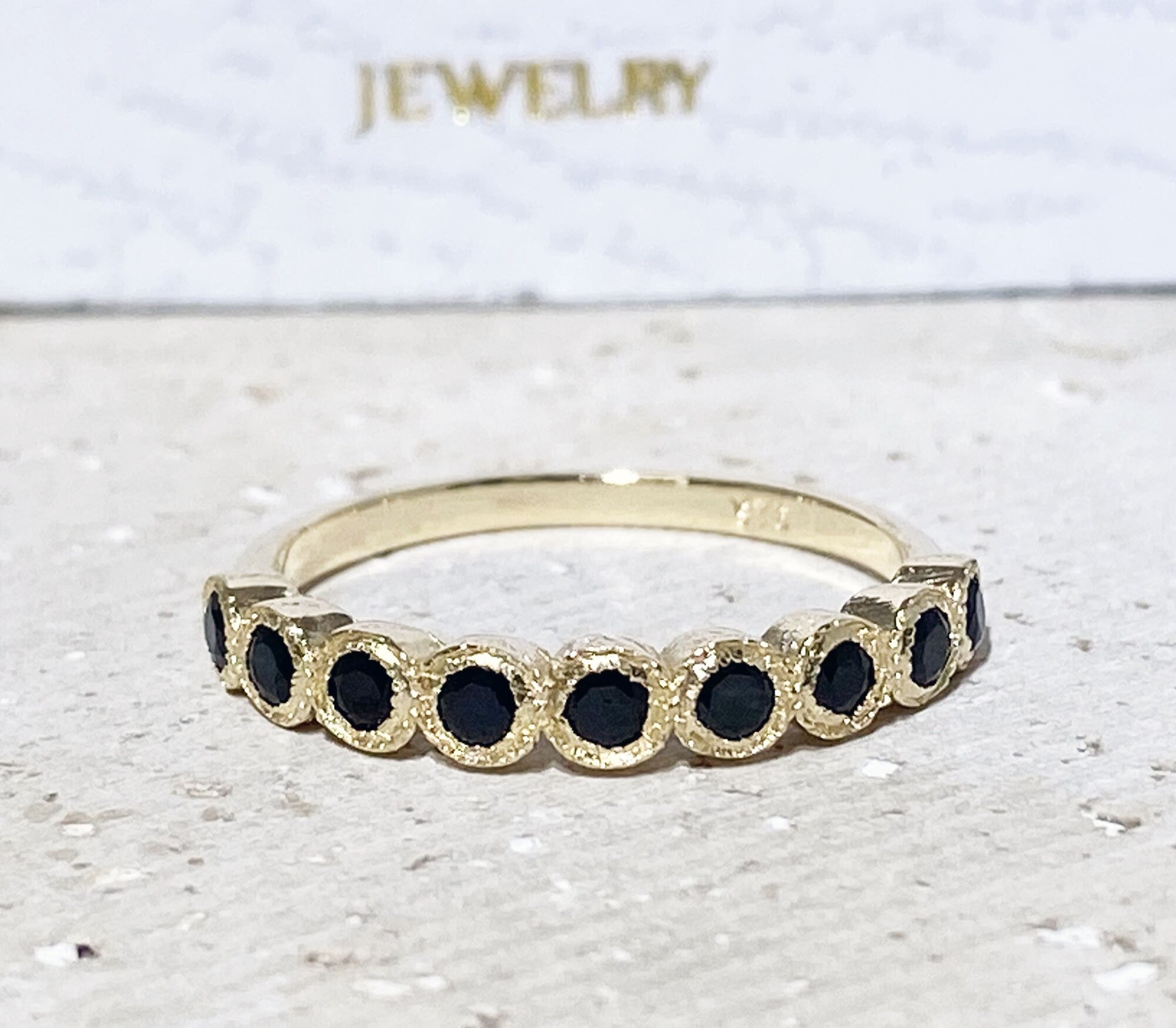 Black Onyx Ring - December Birthstone - Stacking Ring with Nine Round Black Onyx Stones - H.L.Jewelry