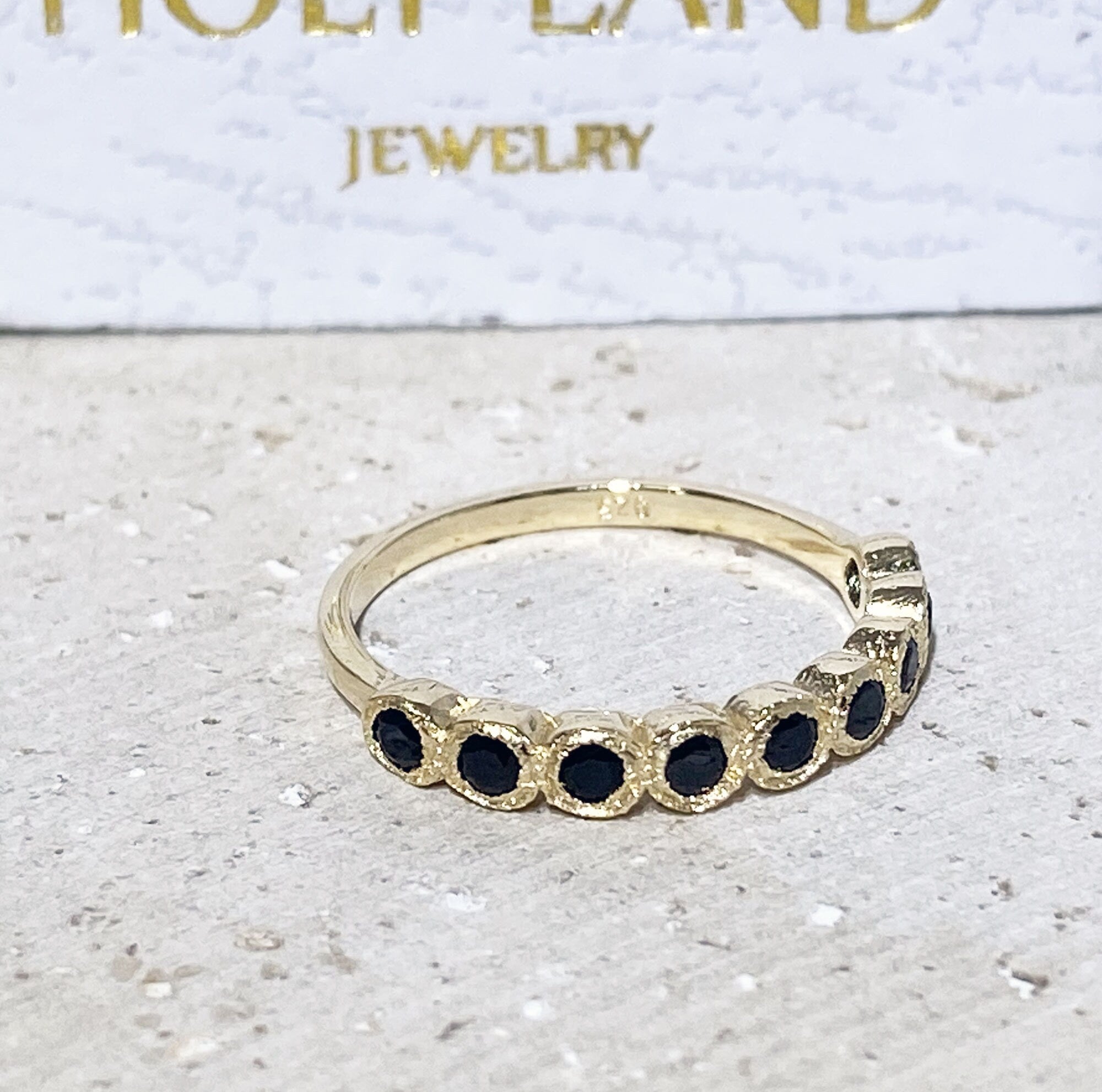 Black Onyx Ring - December Birthstone - Stacking Ring with Nine Round Black Onyx Stones - H.L.Jewelry