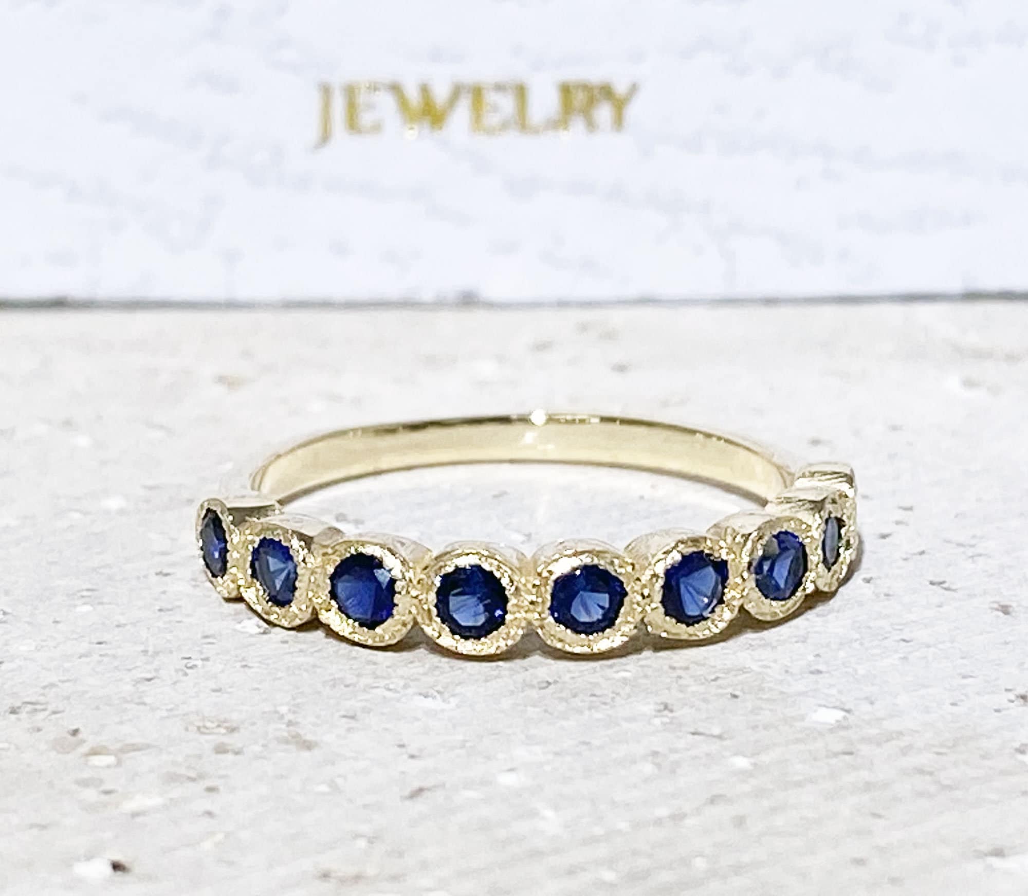 Blue Sapphire Ring - September Birthstone - Stacking Ring with Nine Round Blue Sapphire Gemstones - H.L.Jewelry