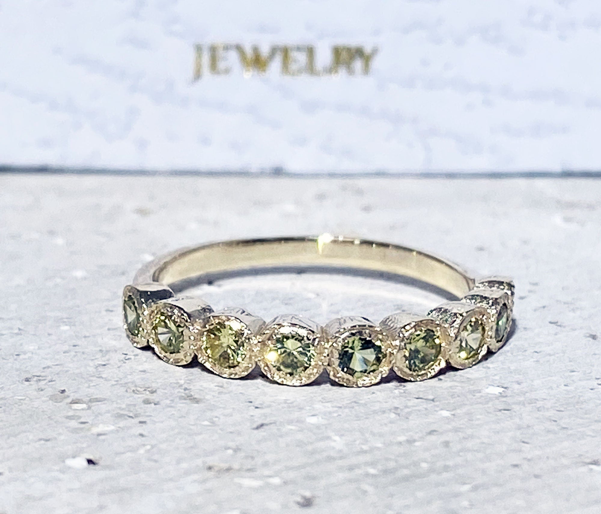 Peridot Ring - August Birthstone - Stacking Half Eternity Ring with Nine Round Peridot Gemstones - H.L.Jewelry