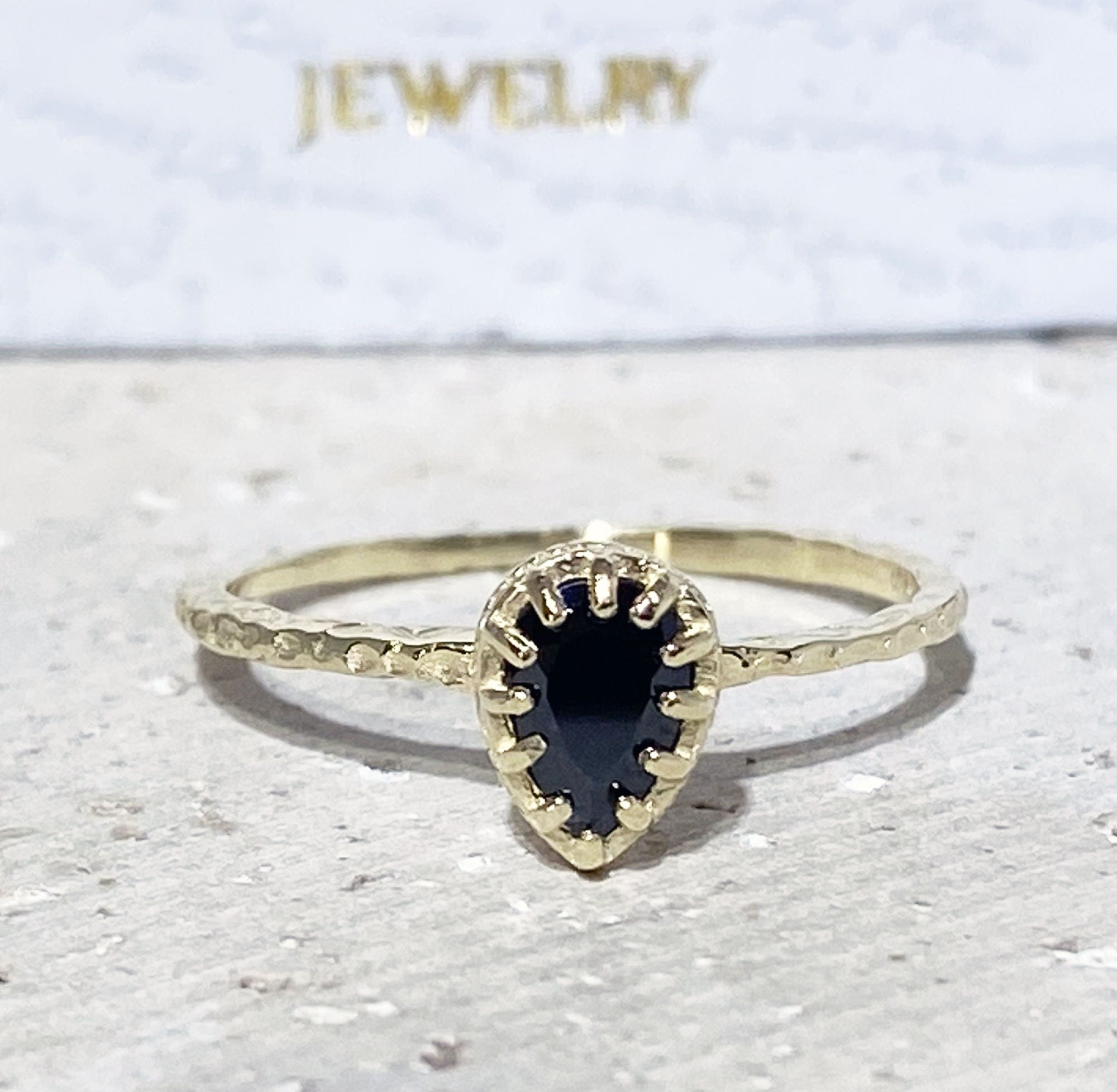 Black Onyx Ring - December Birthstone - Delicate Hammered Ring with Pear-Shaped Black Onyx Gemstone - H.L.Jewelry