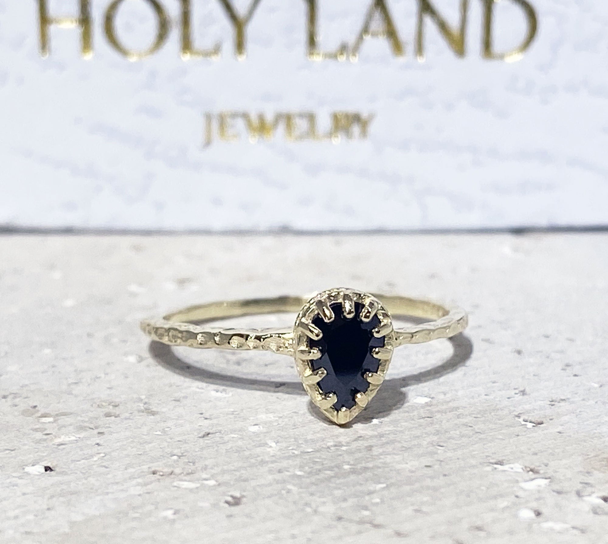 Black Onyx Ring - December Birthstone - Delicate Hammered Ring with Pear-Shaped Black Onyx Gemstone - H.L.Jewelry