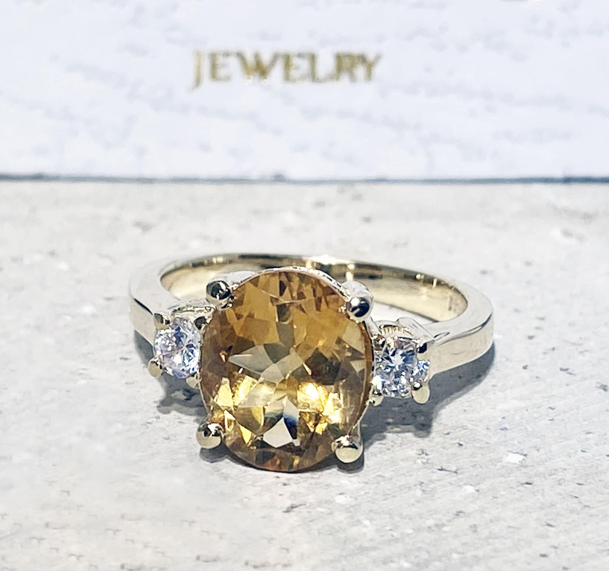 Citrine ring - November Birthstone - Oval Citrine Gemstone Statement Engagement Ring with Clear Quartz Accents - H.L.Jewelry