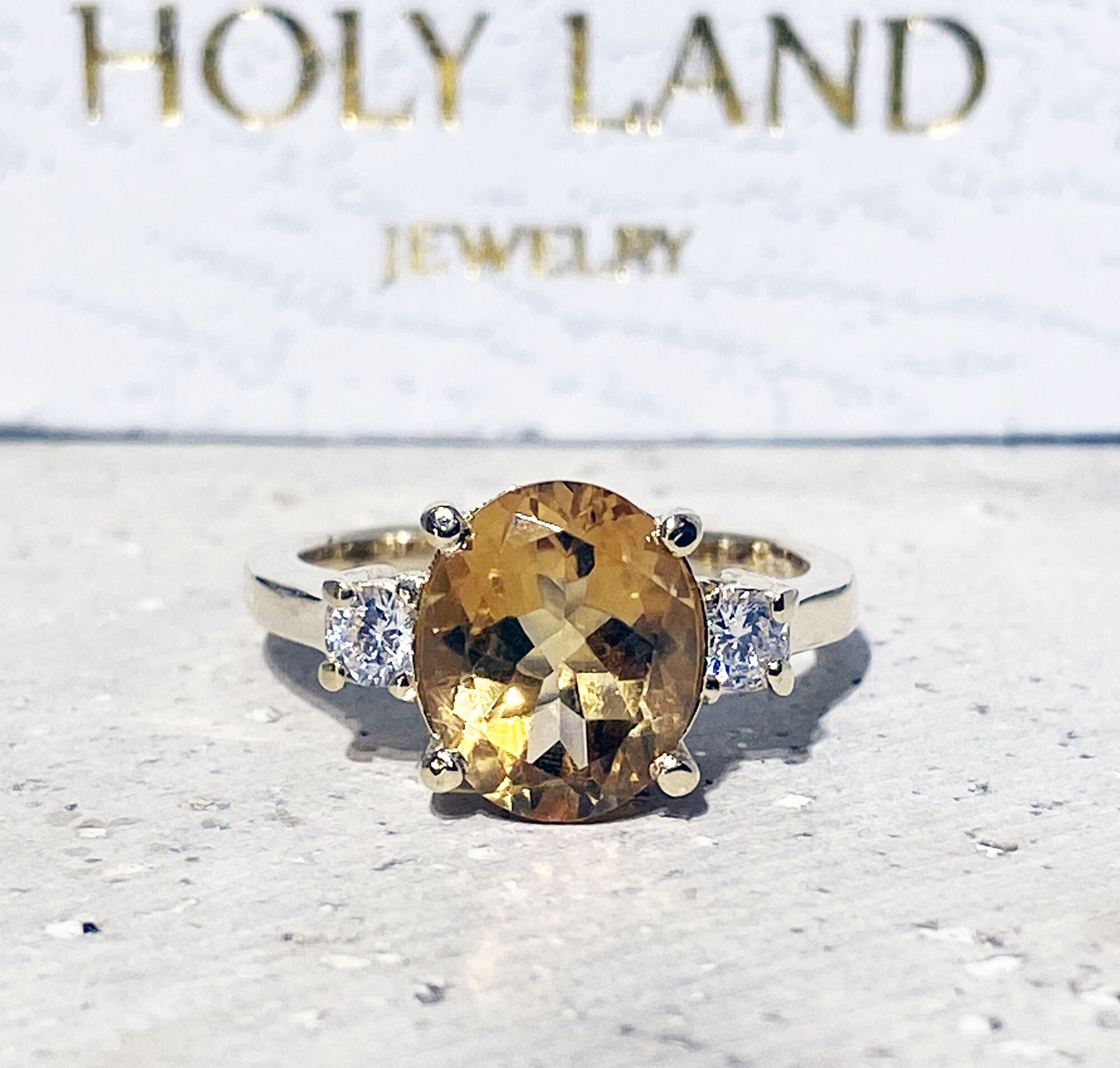 Citrine ring - November Birthstone - Oval Citrine Gemstone Statement Engagement Ring with Clear Quartz Accents - H.L.Jewelry