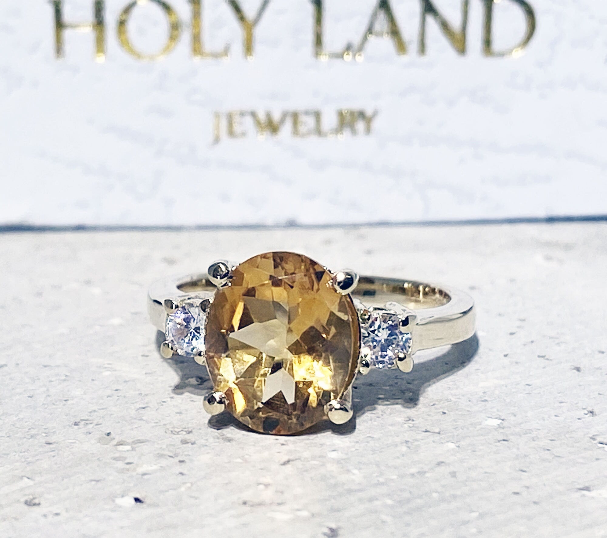 Citrine ring - November Birthstone - Oval Citrine Gemstone Statement Engagement Ring with Clear Quartz Accents - H.L.Jewelry