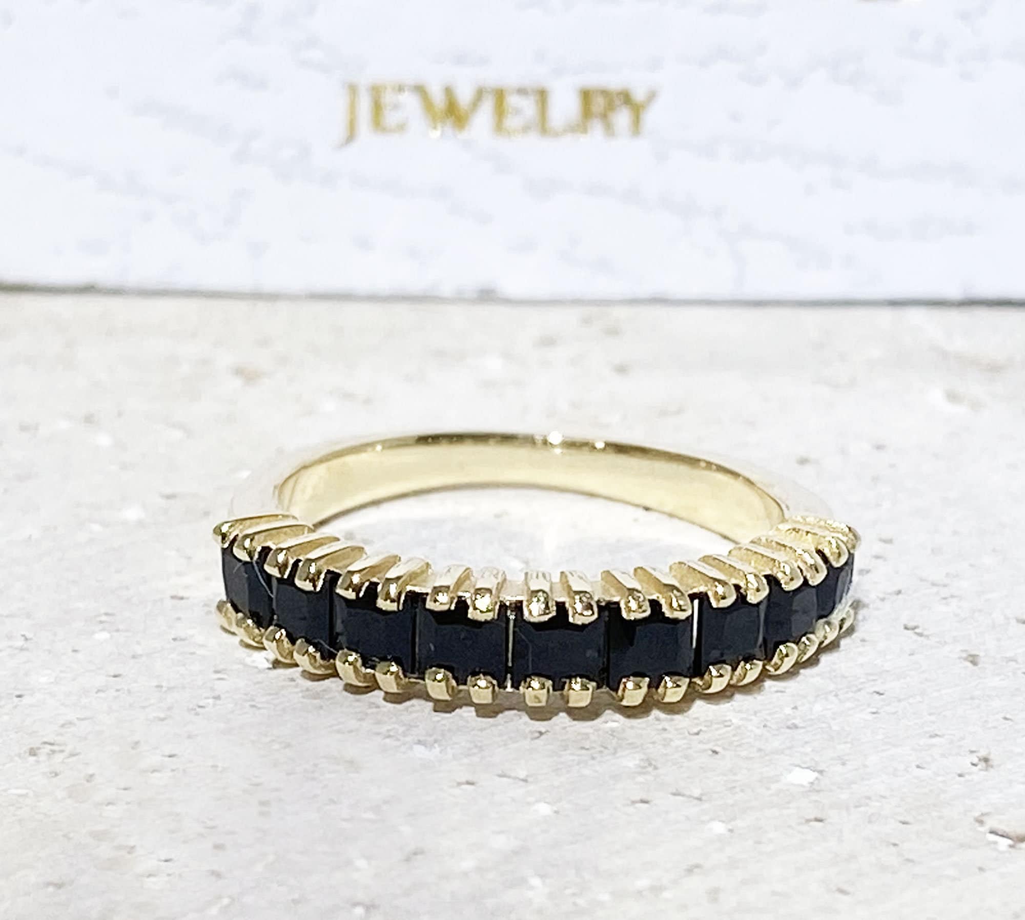 Black Onyx Ring - December Birthstone - Stacking Ring with Nine Square Black Onyx Gemstones - H.L.Jewelry