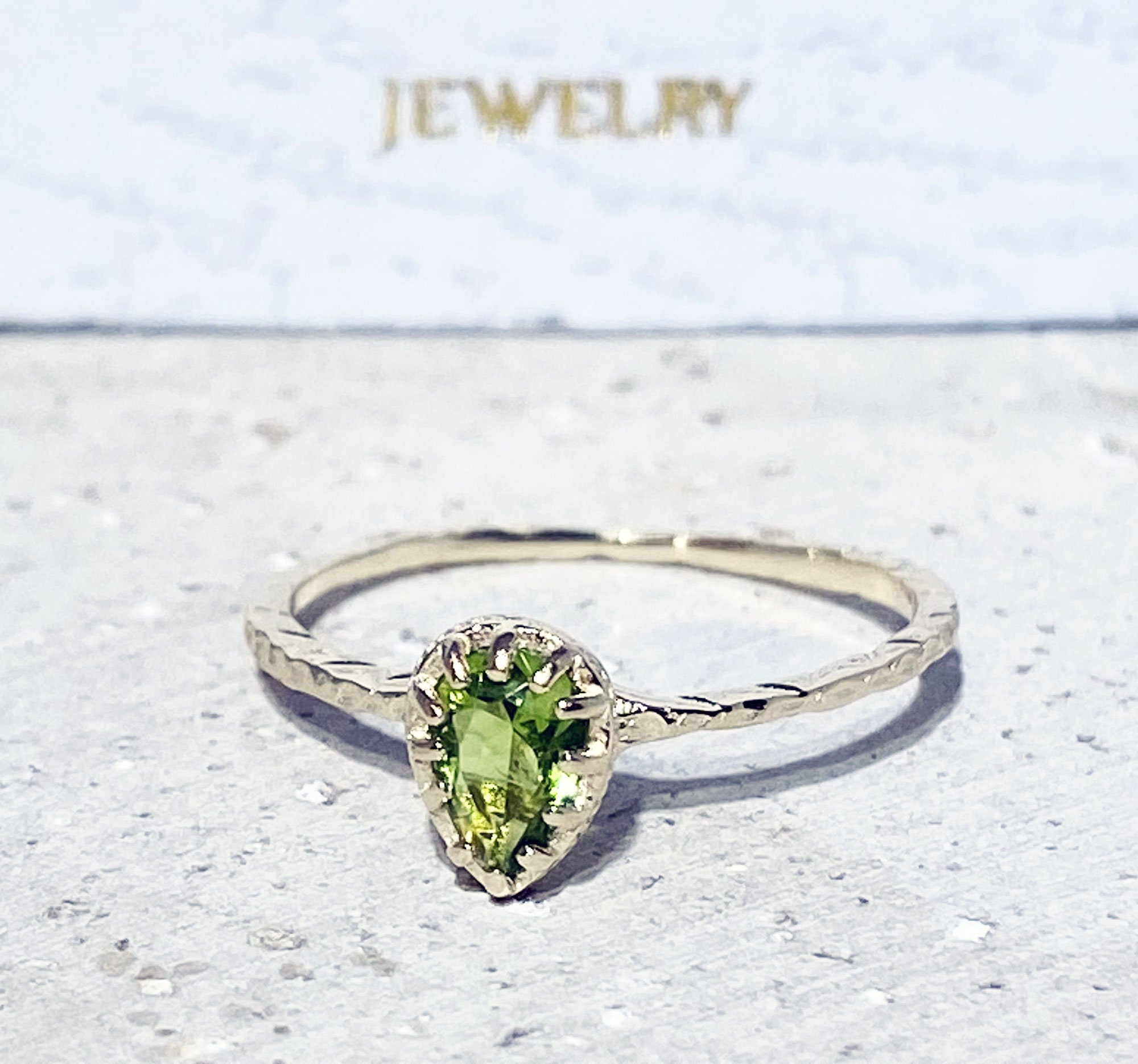 Peridot Ring - August Birthstone - Delicate Hammered Ring with Pear-Shaped Peridot Gemstone - H.L.Jewelry