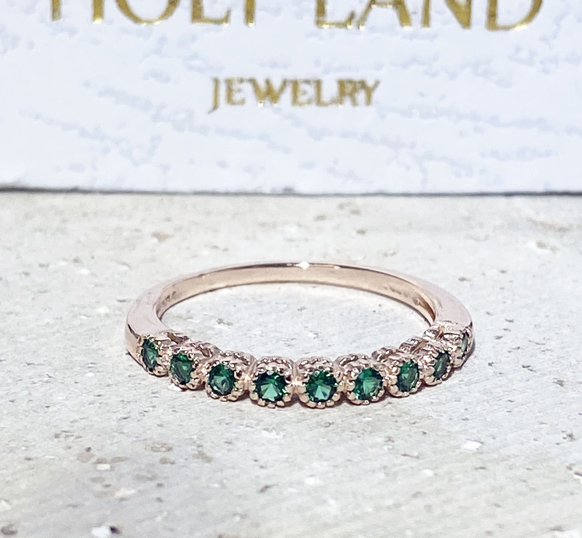 Emerald Ring - May Birthstone - Delicate Stacking Half Eternity Ring with Nine Round Emerald Gemstones - H.L.Jewelry