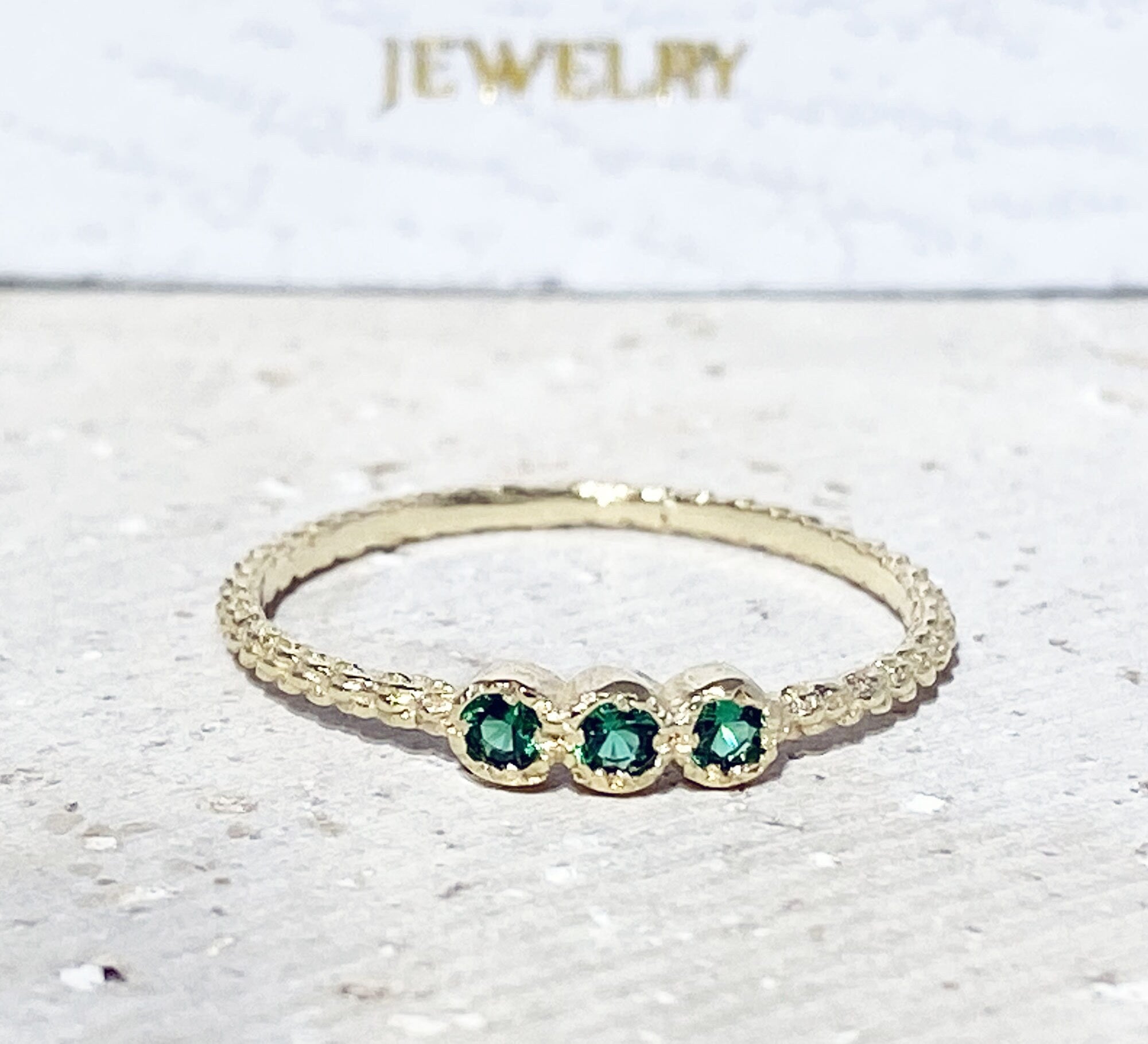 Emerald Ring - May Birthstone Jewelry - Delicate Stacking Ring with Three Round Emeralds - H.L.Jewelry