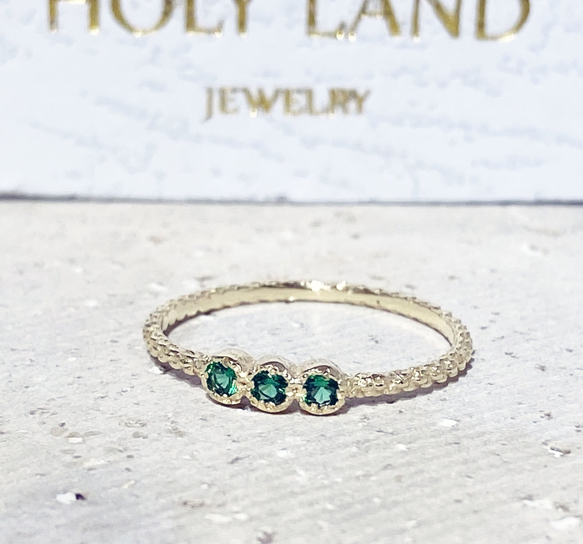 Emerald Ring - May Birthstone Jewelry - Delicate Stacking Ring with Three Round Emeralds - H.L.Jewelry