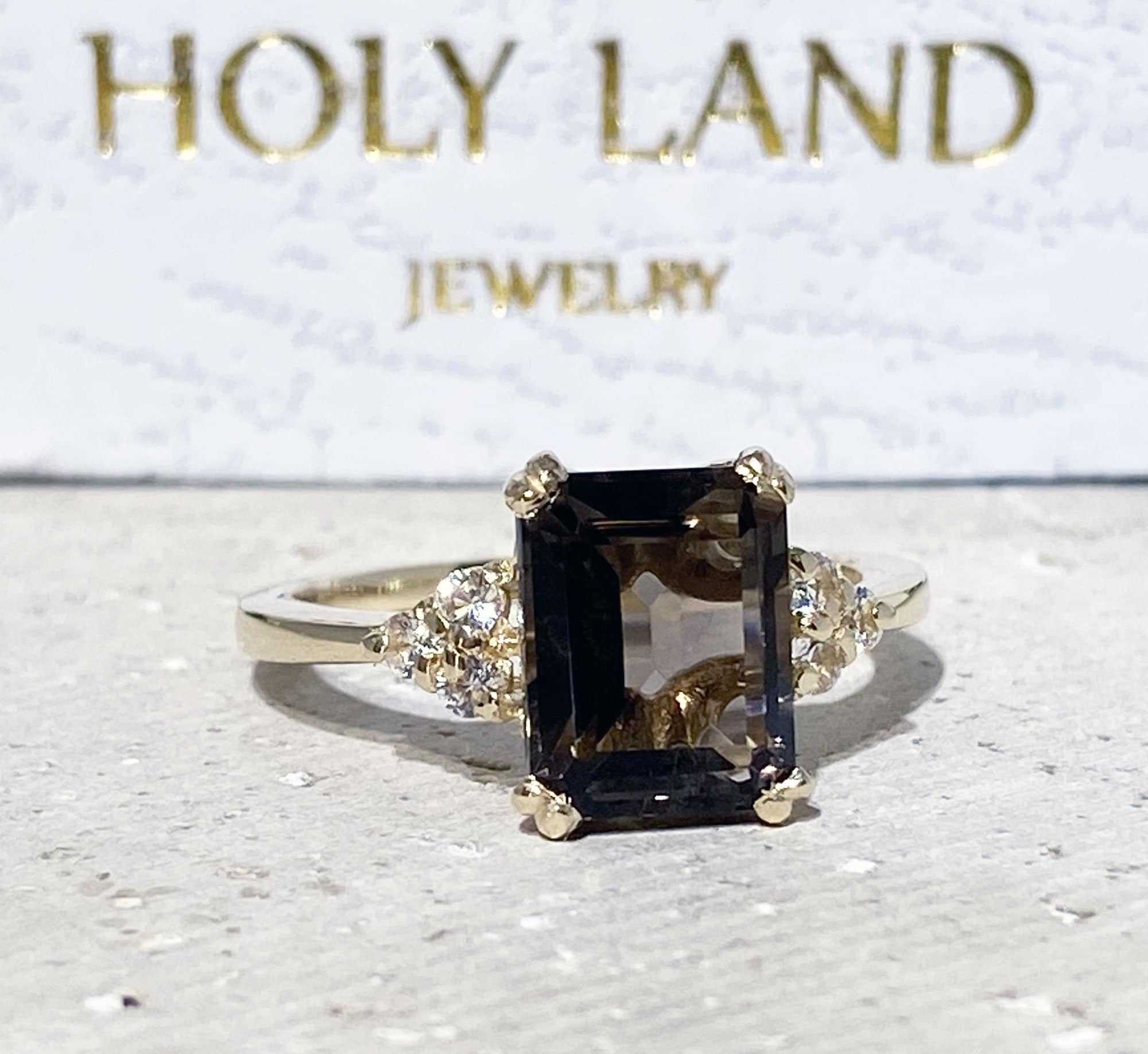 Smoky Quartz Ring - Octagon Smoky Quartz Gemstone Statement Engagement Ring with Clear Quartz Accents - H.L.Jewelry