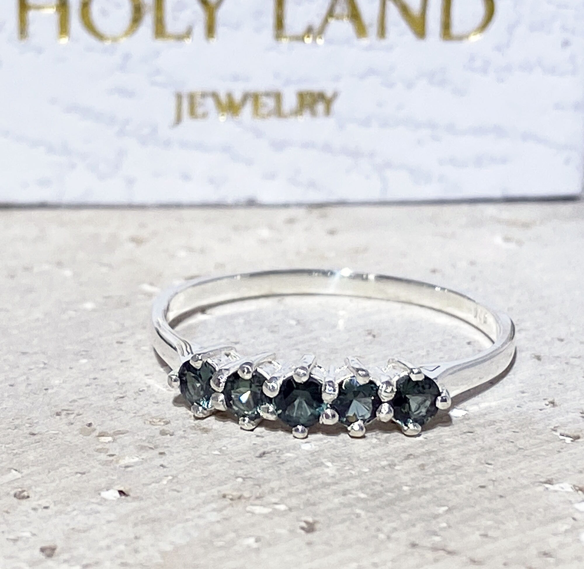 Green Tourmaline Ring - Stacking Ring with Five Round Green Tourmaline Gemstones - H.L.Jewelry