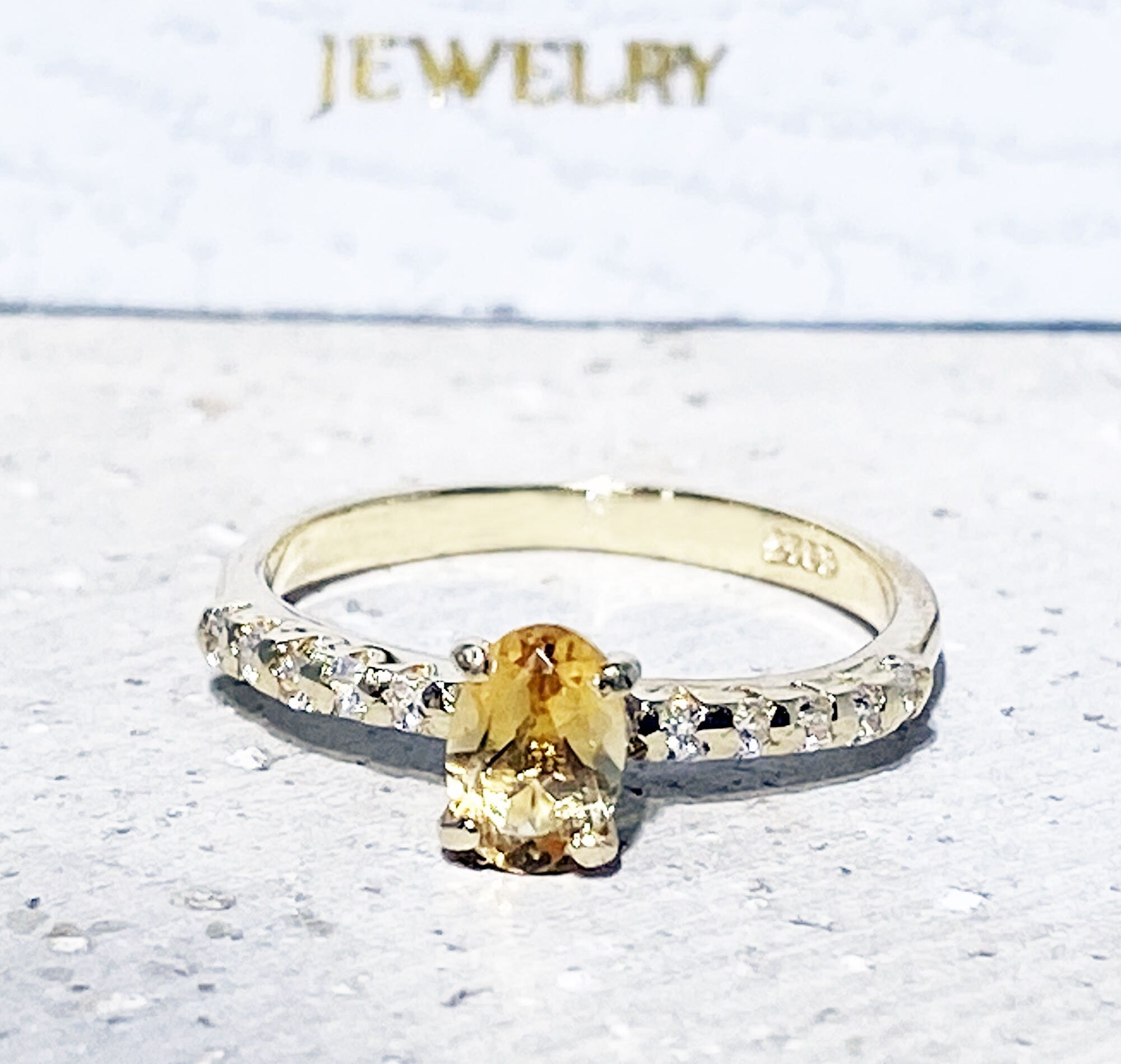 Citrine Ring - November Birthstone - Oval Citrine Gemstone Ring with Clear Quartz Accents - H.L.Jewelry