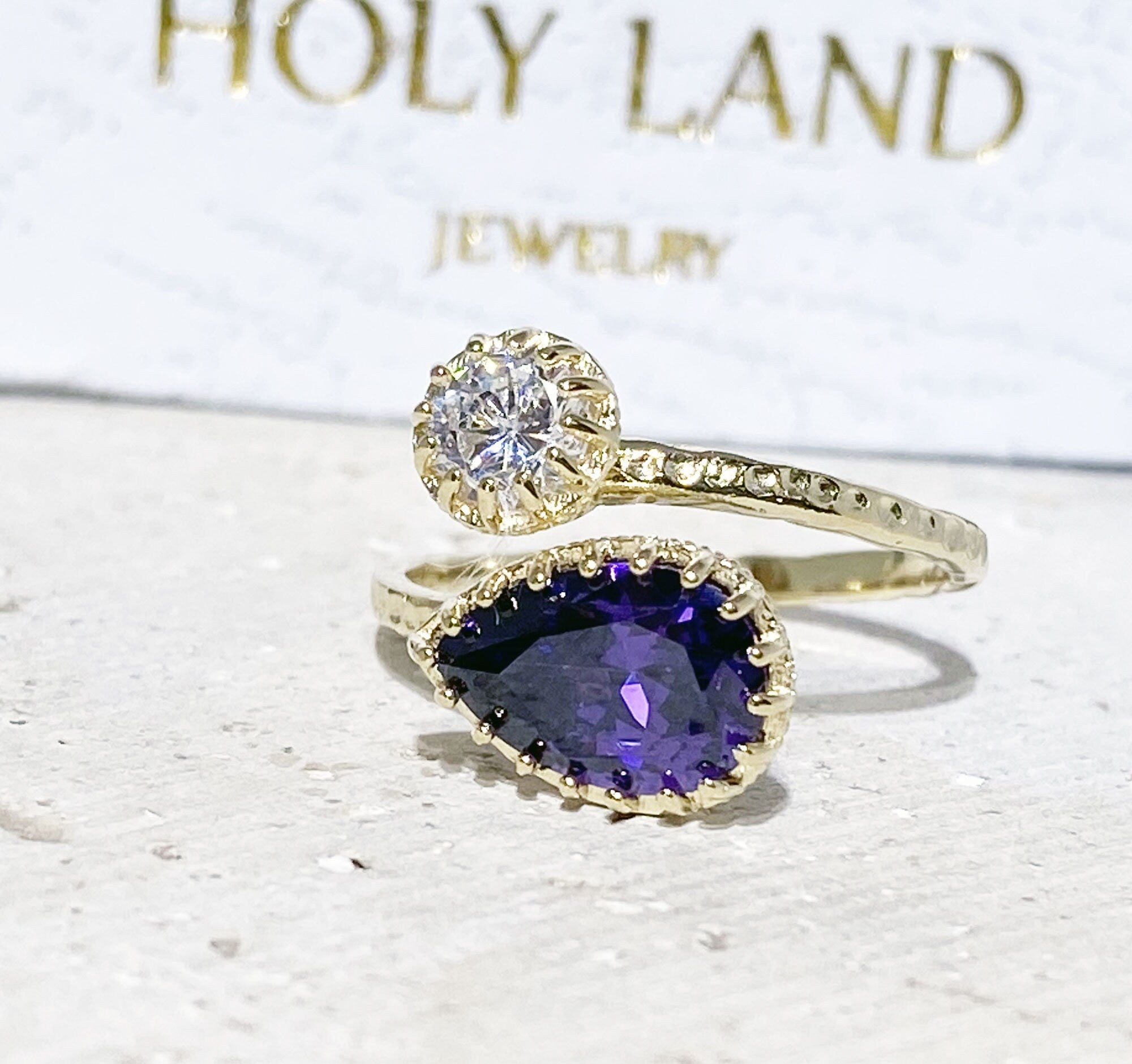 Dual Gemstone Ring - Two Birthstone Ring - Hammered Band Ring with Pear-Shaped Purple Amethyst and Round Clear Quartz - H.L.Jewelry