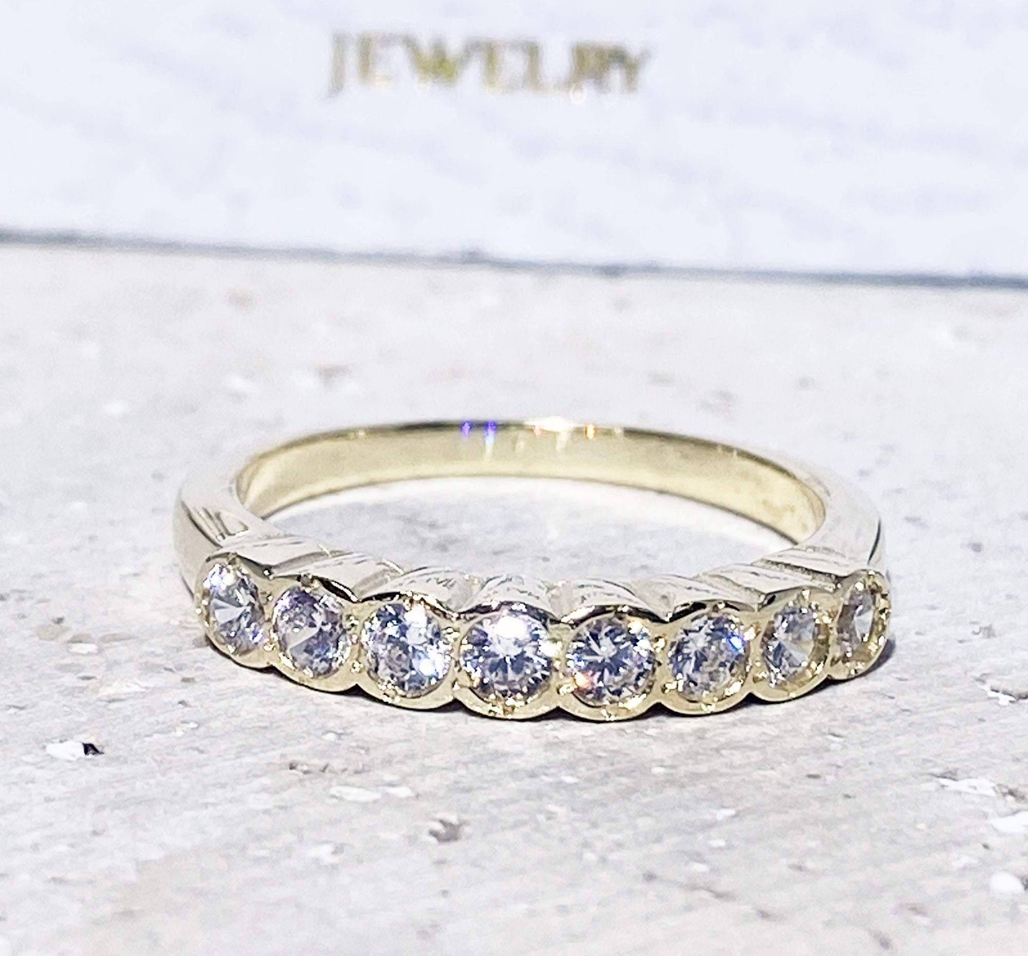 Clear Quartz Ring - April Birthstone - Delicate Stacking Half Eternity Ring with Eight Round Clear Quartz Gemstones - H.L.Jewelry