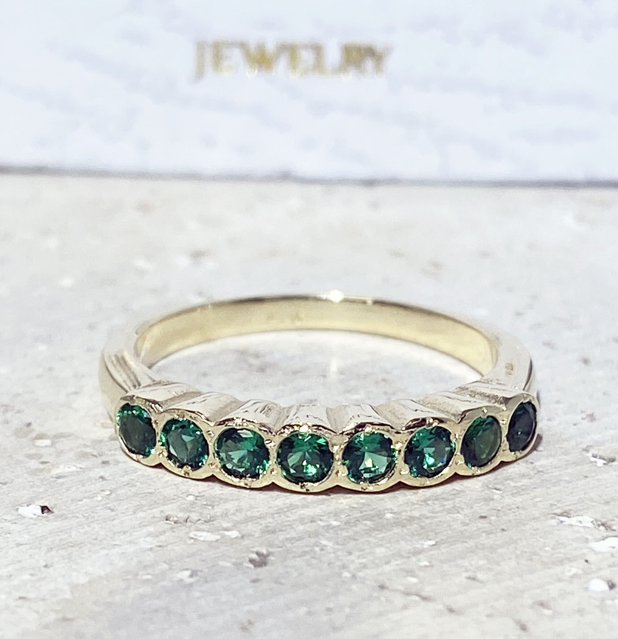 Emerald Ring - May Birthstone Jewelry - Stacking Half Eternity Ring with Eight Round Emeralds - H.L.Jewelry