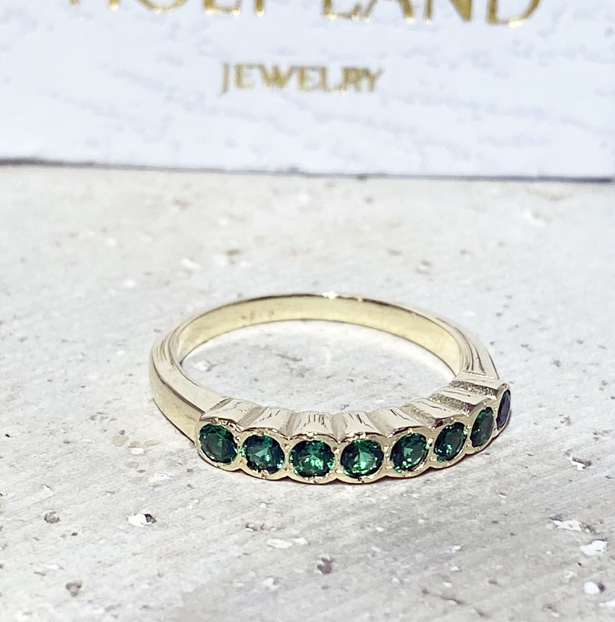 Emerald Ring - May Birthstone Jewelry - Stacking Half Eternity Ring with Eight Round Emeralds - H.L.Jewelry