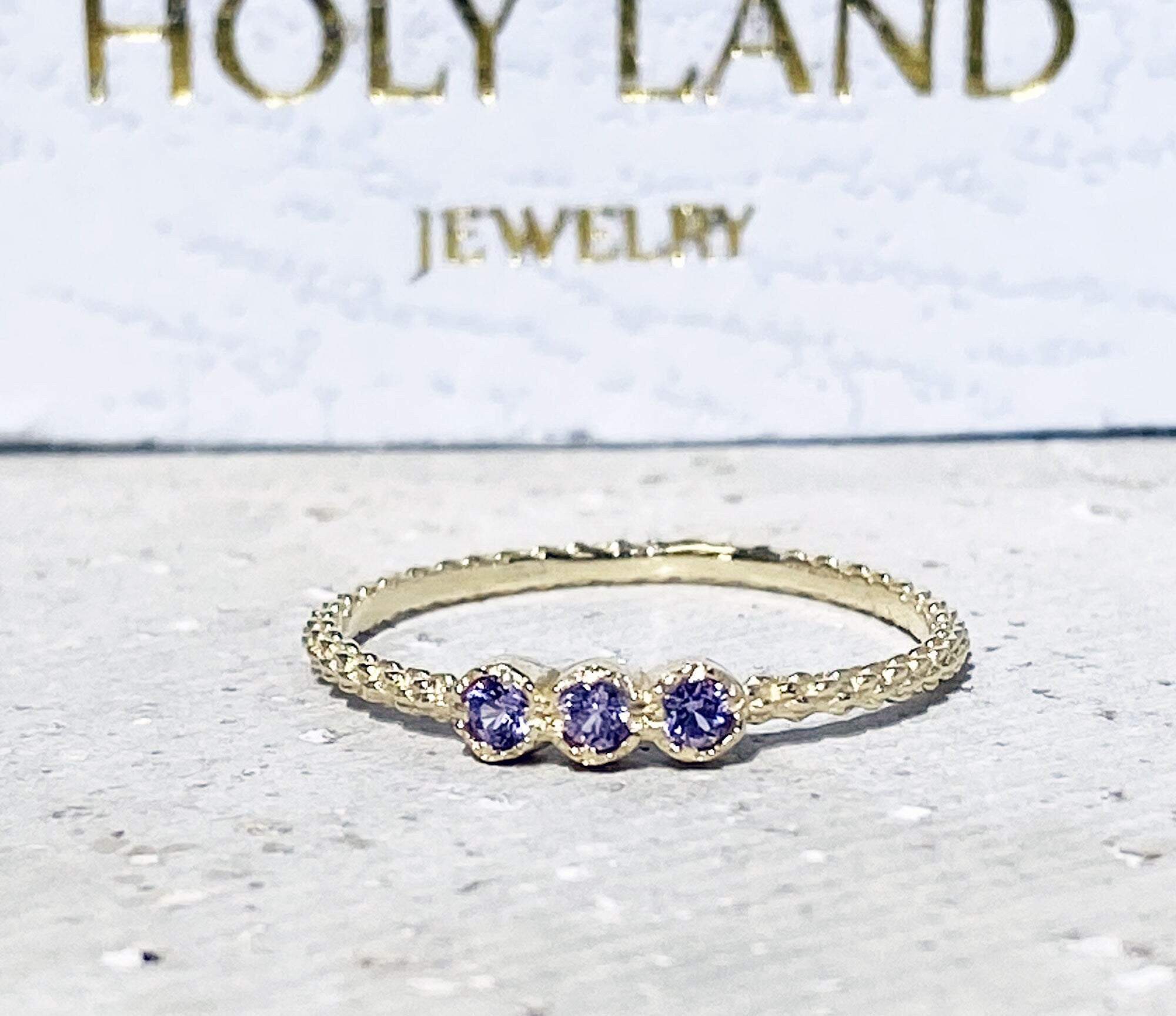 Alexandrite Ring - June Birthstone - Stacking Ring with Three Round Alexandrite Stones - H.L.Jewelry