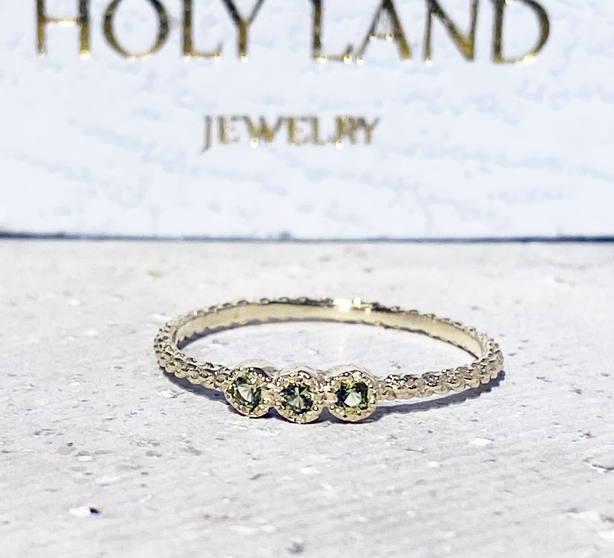 Peridot Ring - August Birthstone - Delicate Stacking Ring with Three Round Peridot Gemstones - H.L.Jewelry