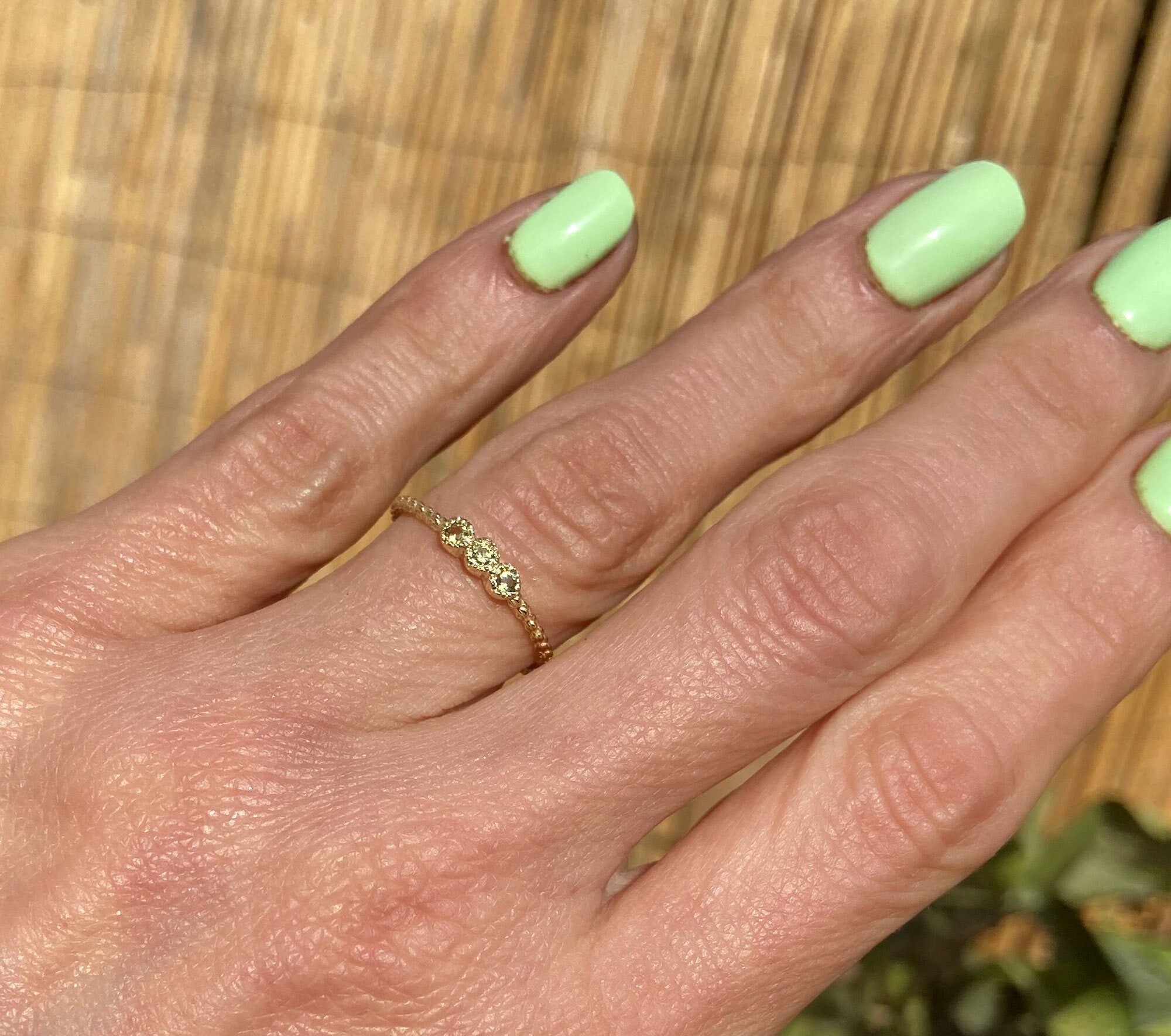 Peridot Ring - August Birthstone - Delicate Stacking Ring with Three Round Peridot Gemstones - H.L.Jewelry